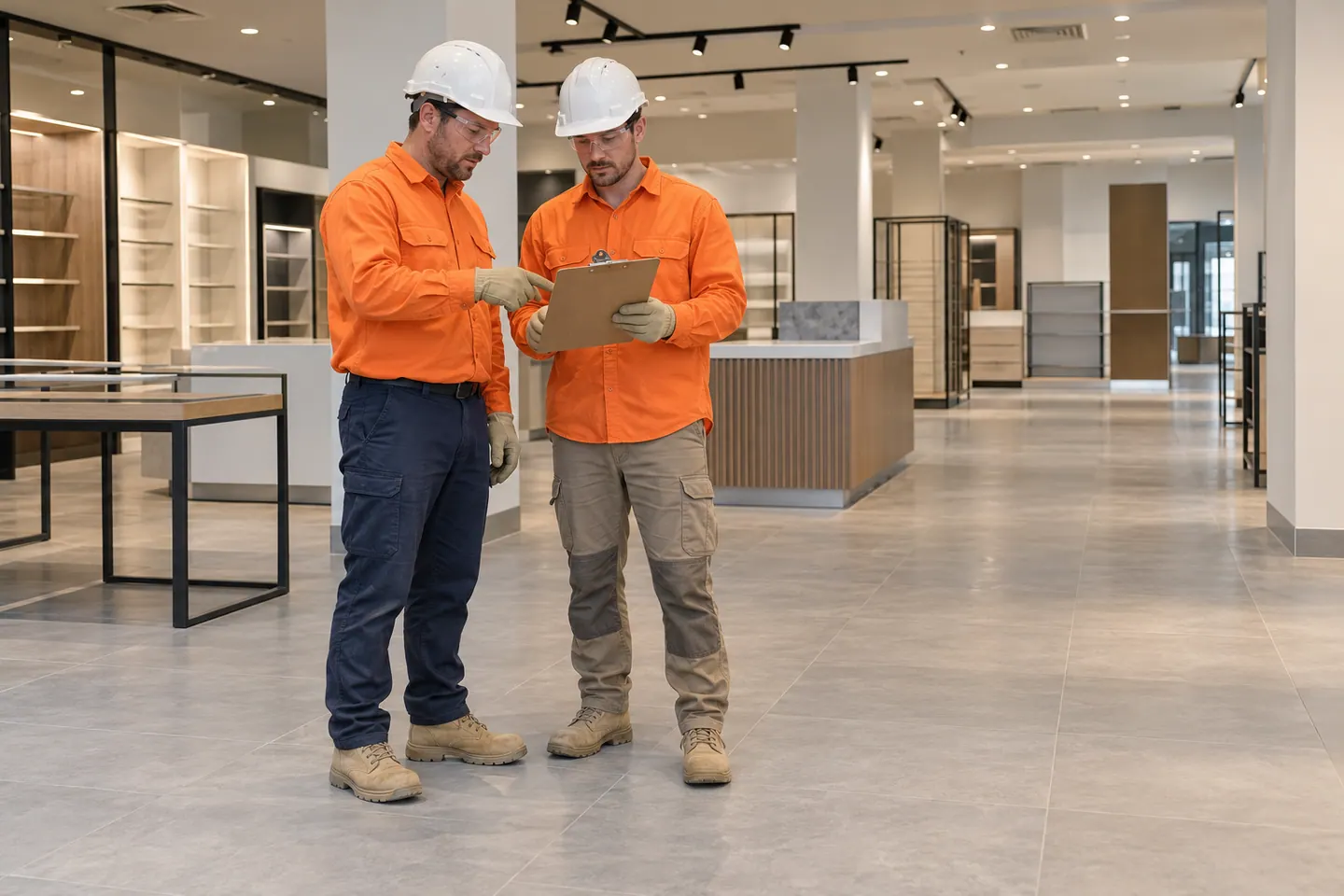 Two shopfitters review a clipboard in a completed retail interior.
