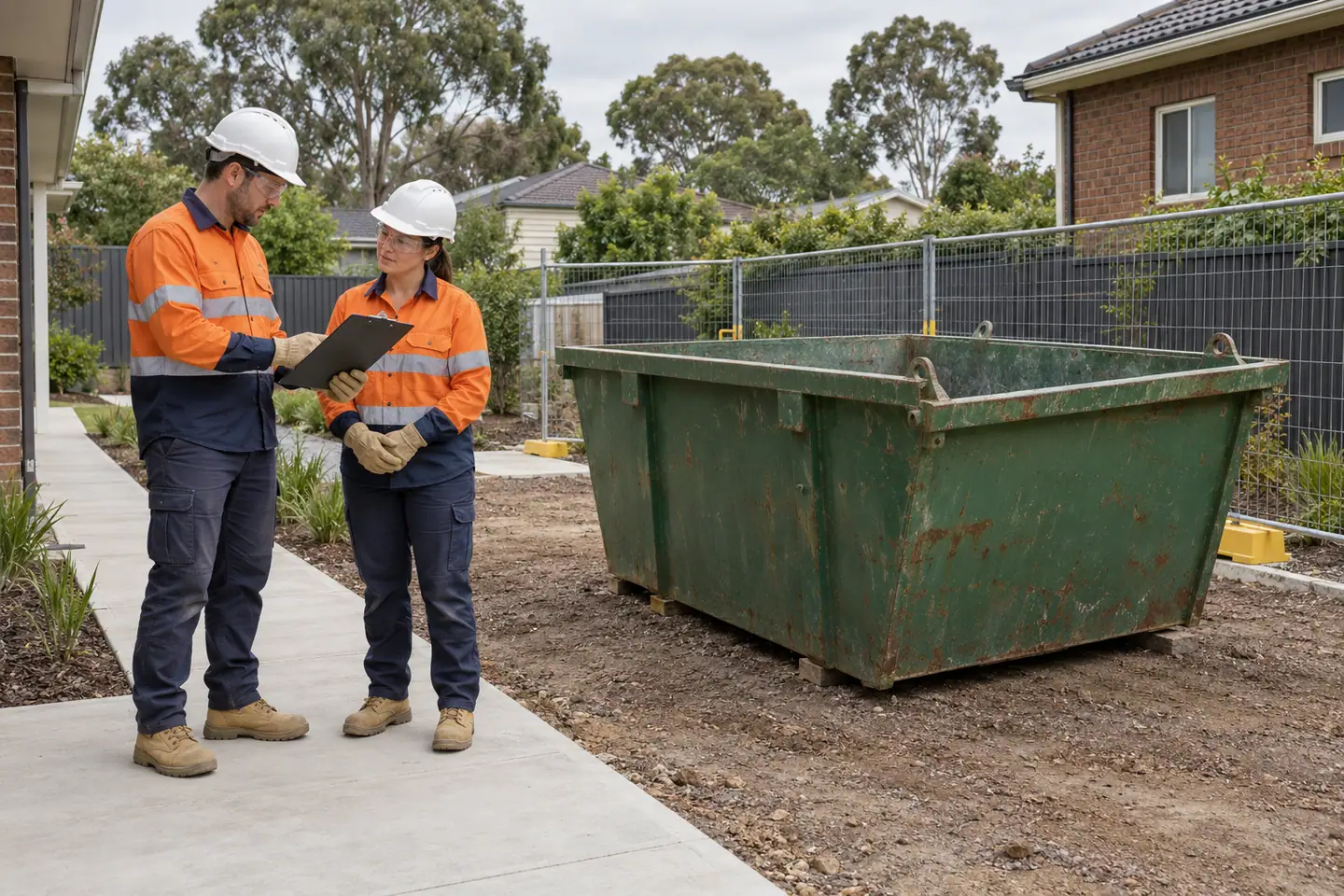 A site supervisor plans skip bin at a paused work area.