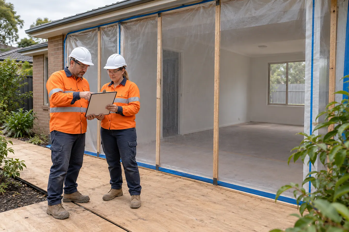 A demolition supervisor plans soft demolition at a paused work area.