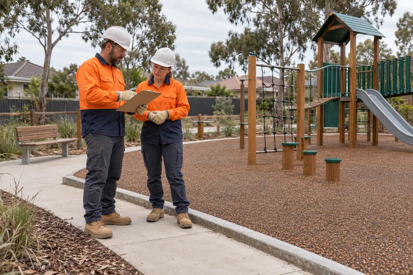A landscaper plans soft fall surface removal and installation at a paused work area.