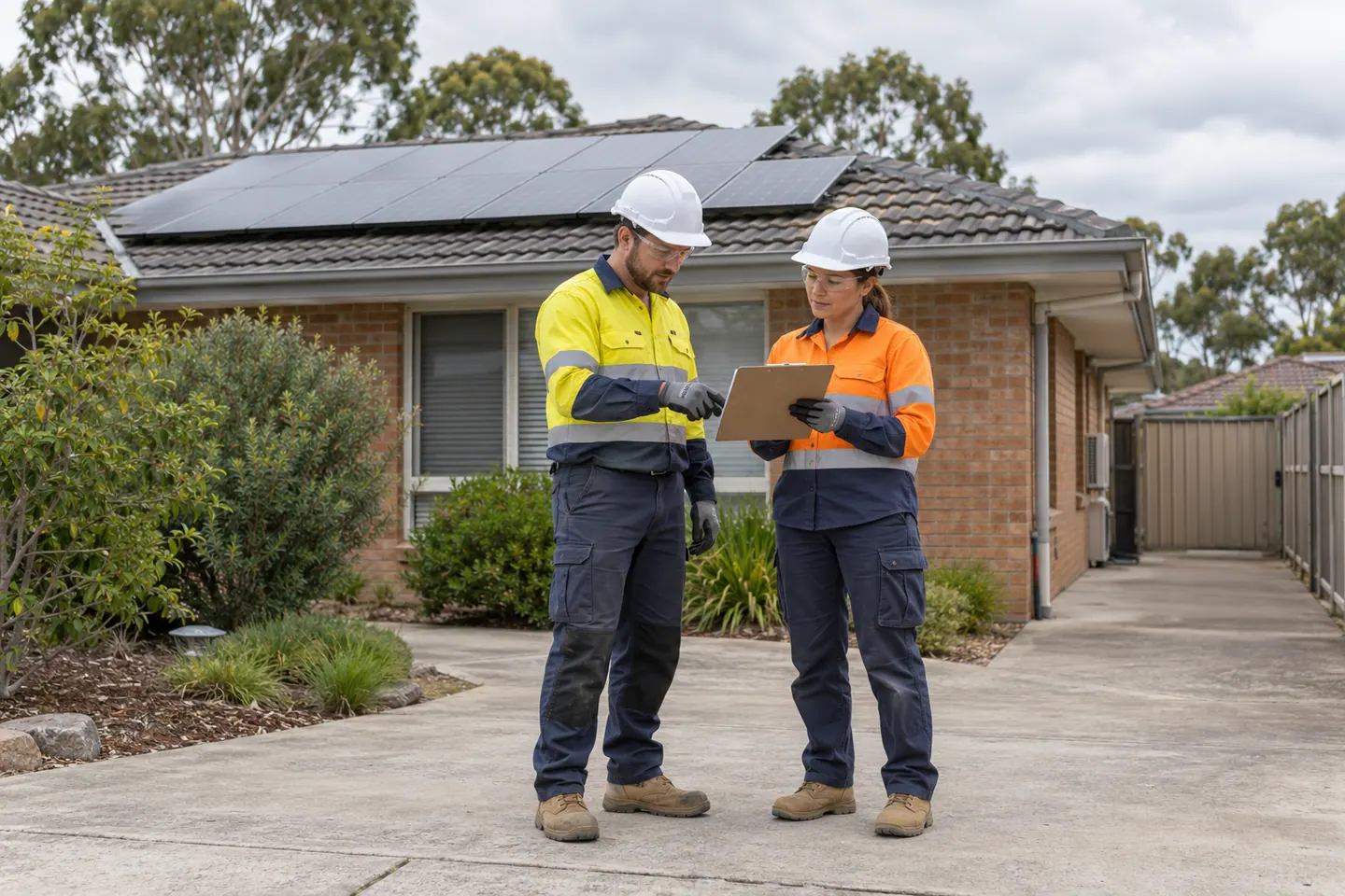 A solar installer plans solar installation at a paused work area.