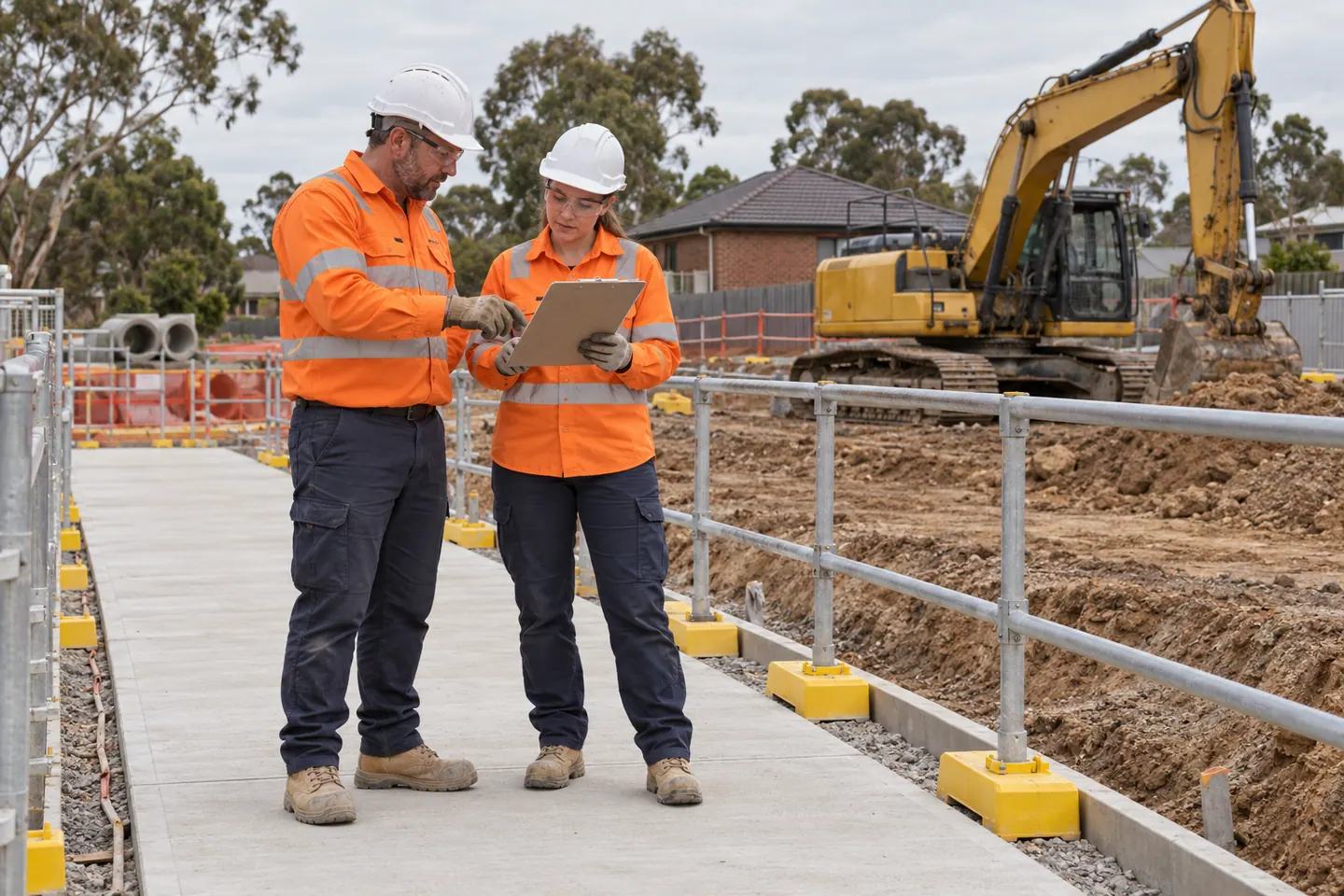 Two workers discuss a clipboard on a pedestrian apron beside separated plant.