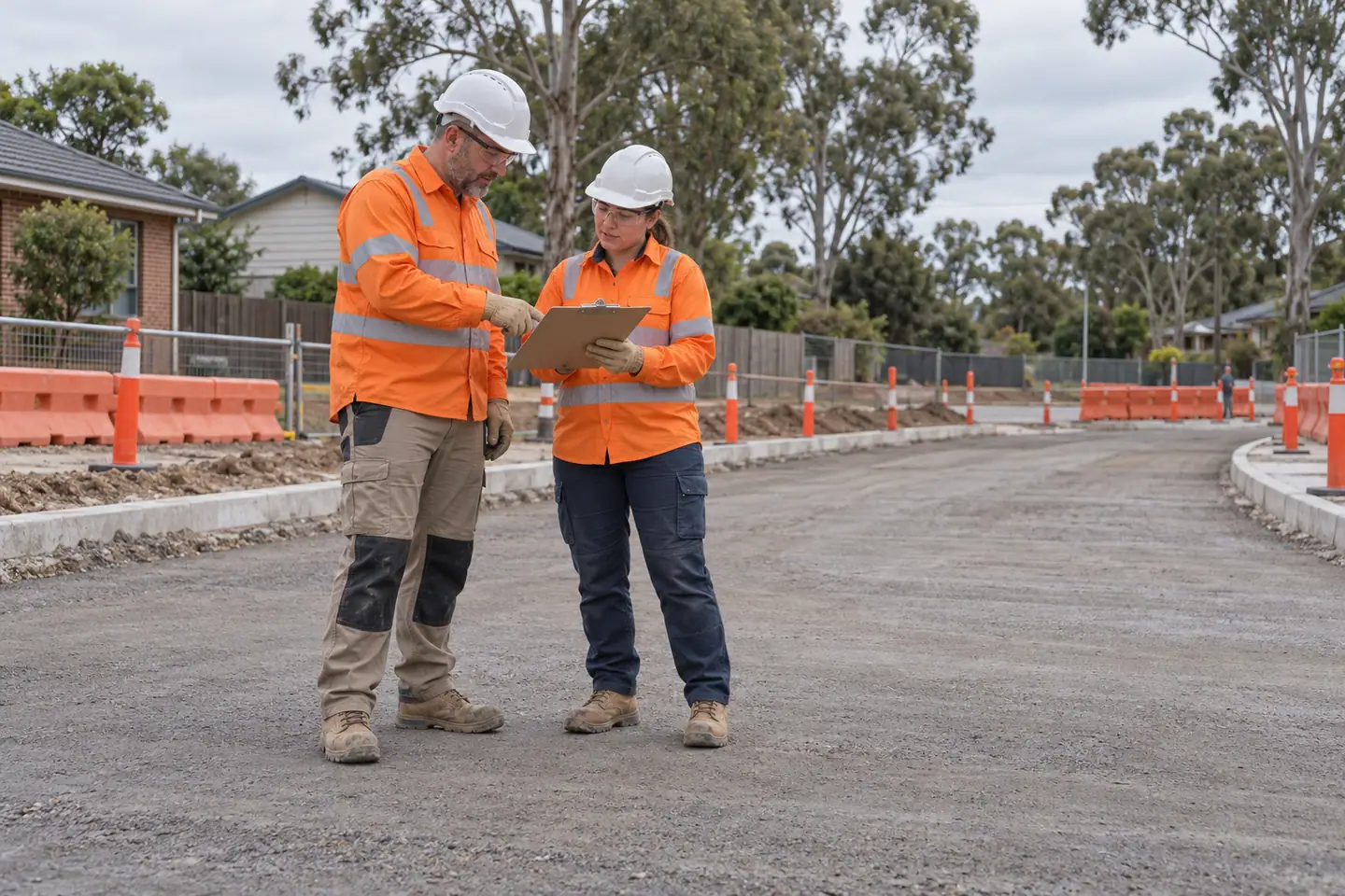Two civil workers review a clipboard on a closed dry roadway.