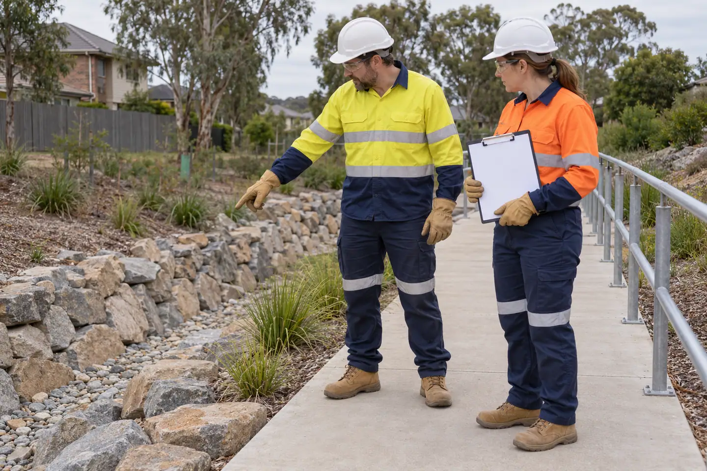 A civil worker plans stone pitching at a paused work area.