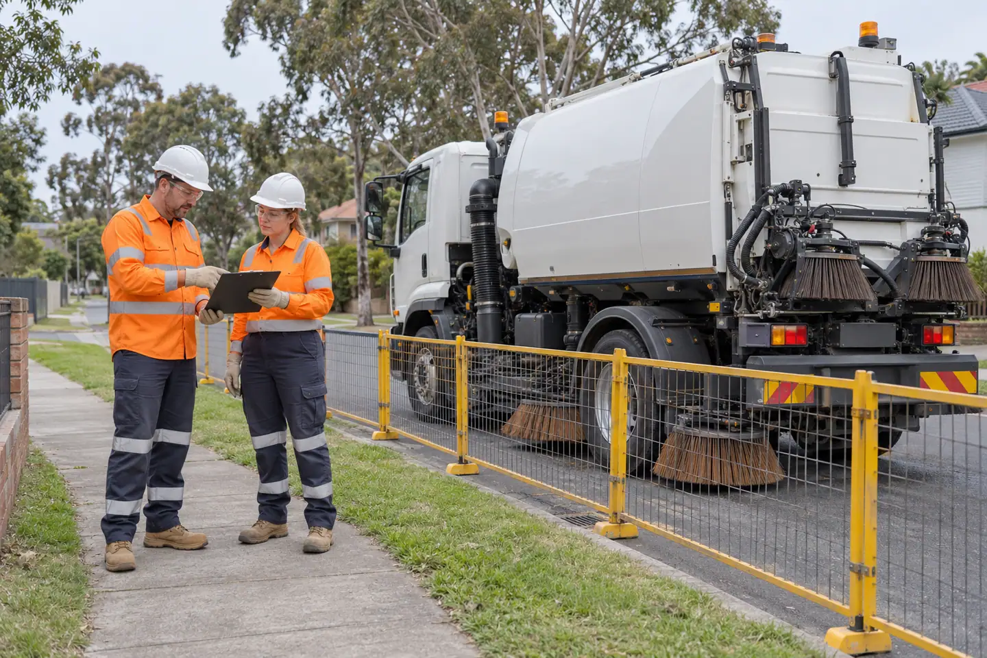 A cleaning supervisor plans street sweeper at a paused work area.