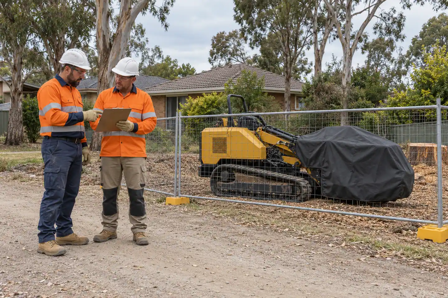 Two grounds workers plan work outside a fenced yard beside a covered stump grinder.