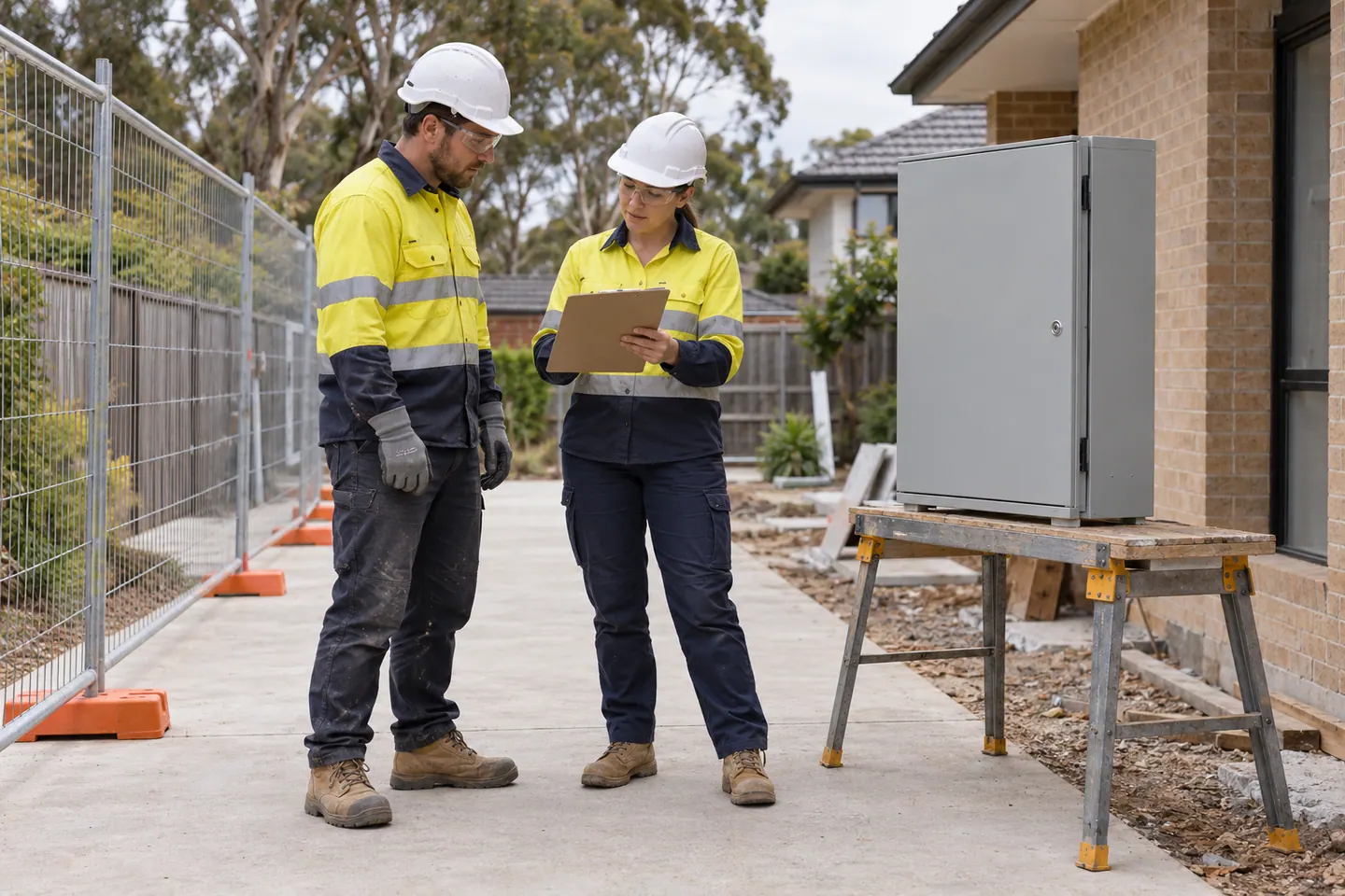 A electrician plans switchboard installation at a paused work area.