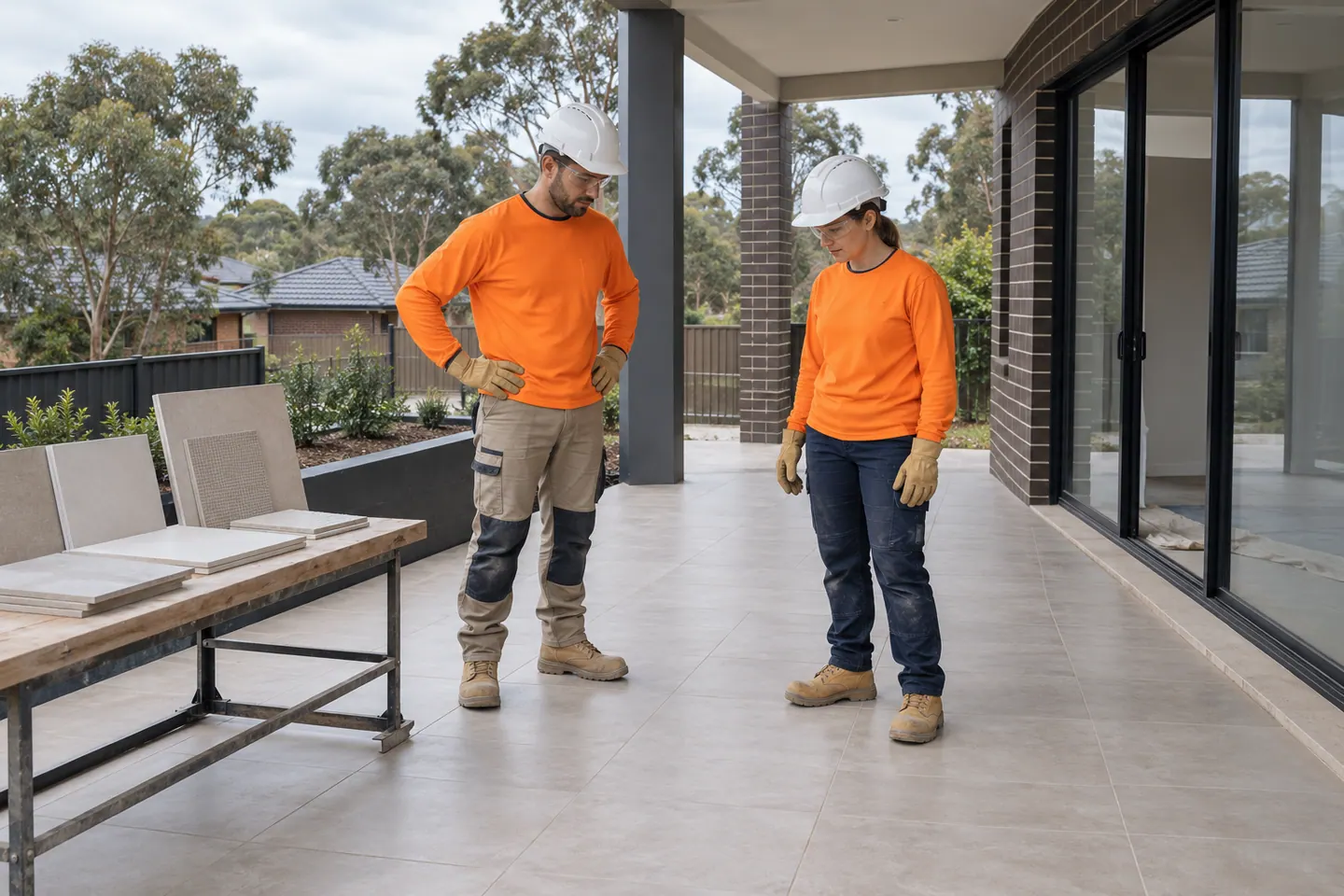 A tiler plans tiling at a paused work area.