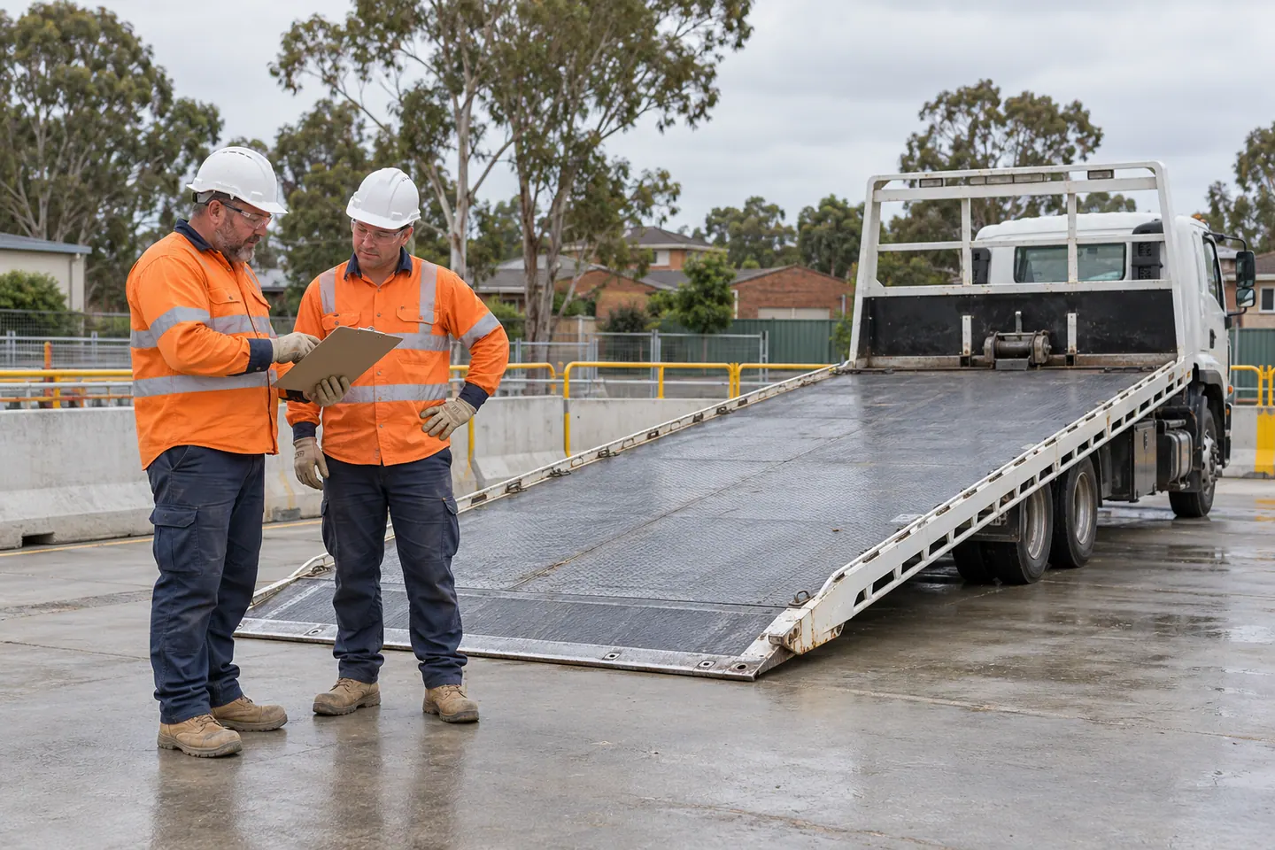 Two workers plan transport beside an empty tilt-tray truck with its tray extended to ground.