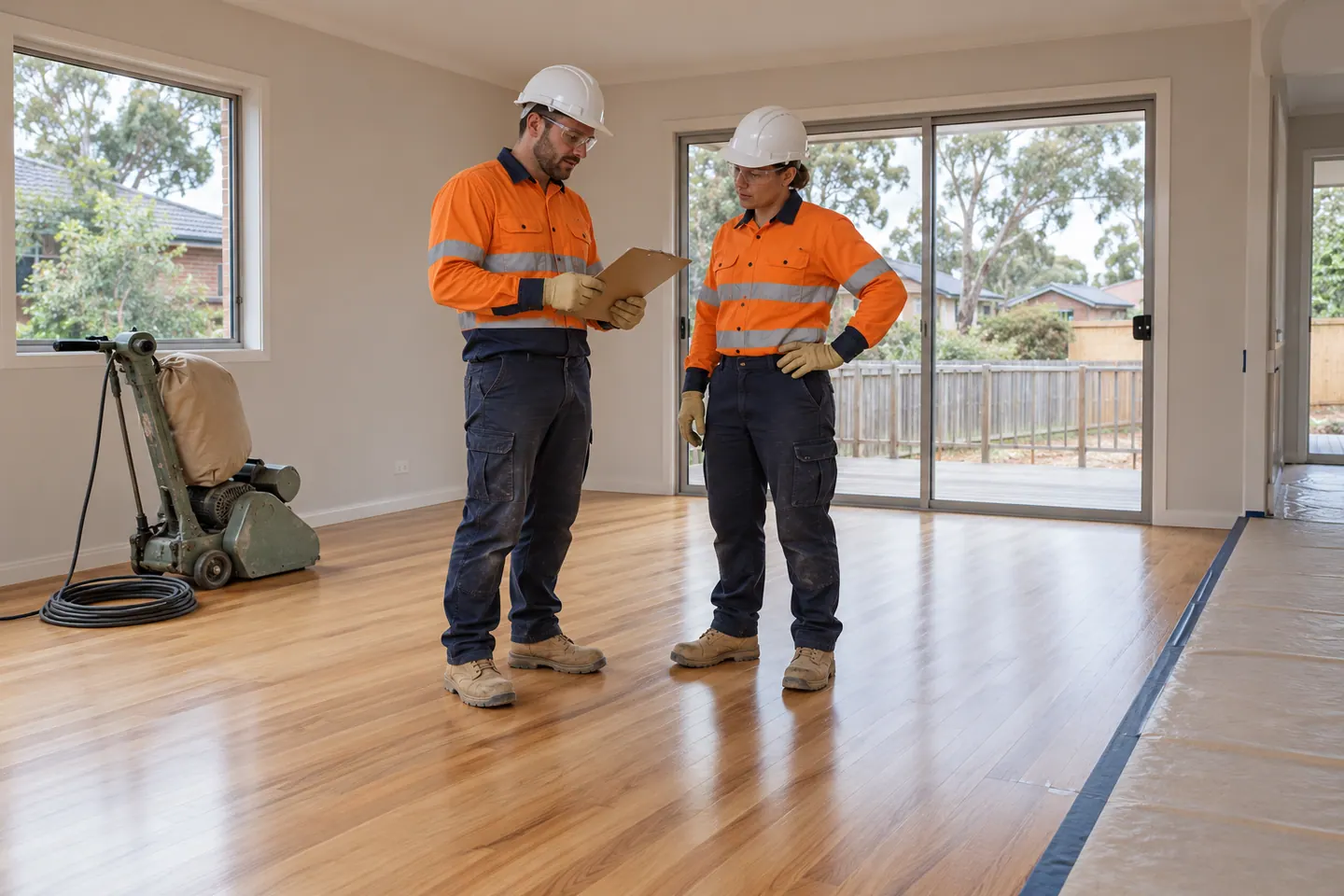 Two flooring installers plan work beside a parked sander on a finished-looking timber floor.