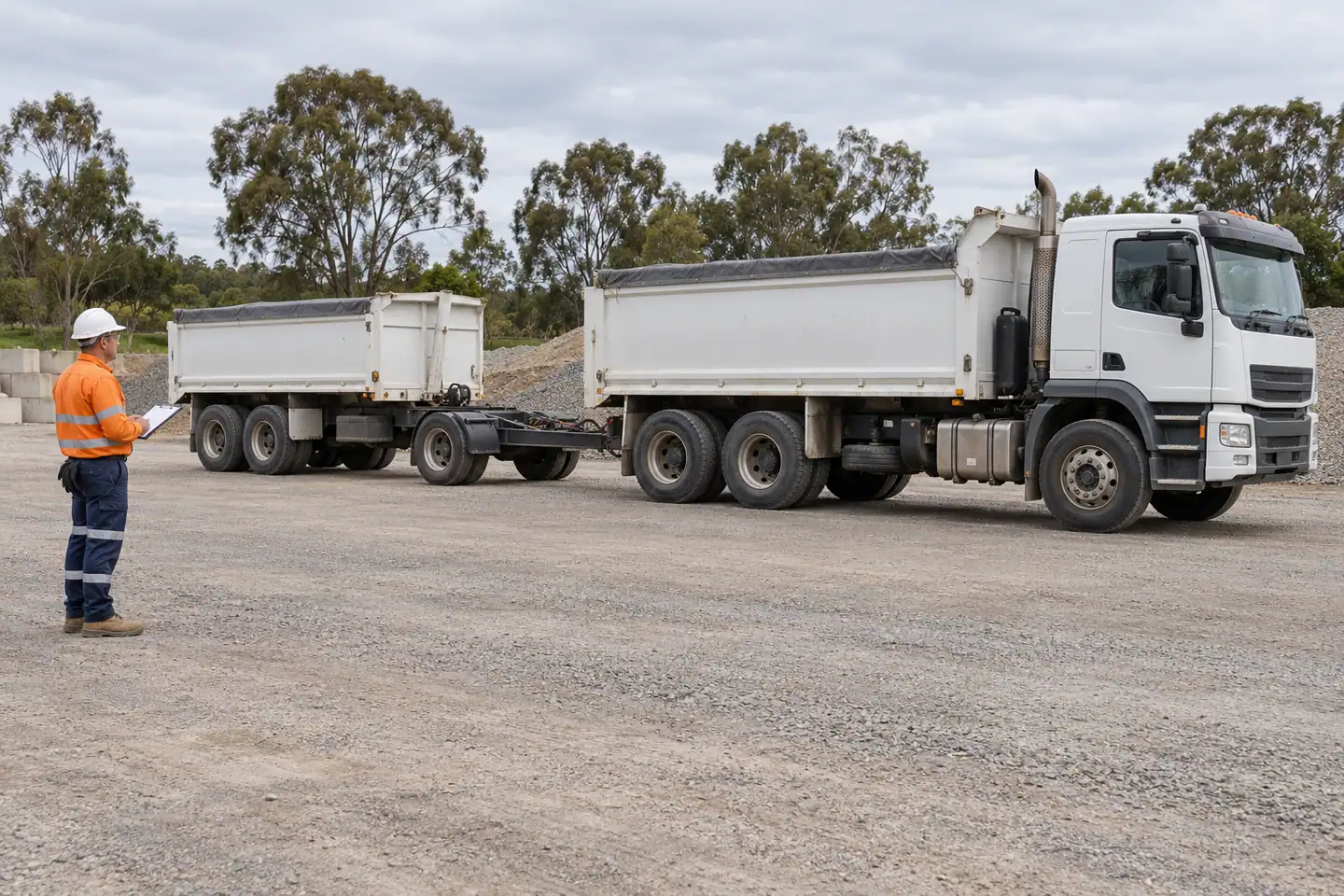 A transport driver plans tipper and dog at a paused work area.
