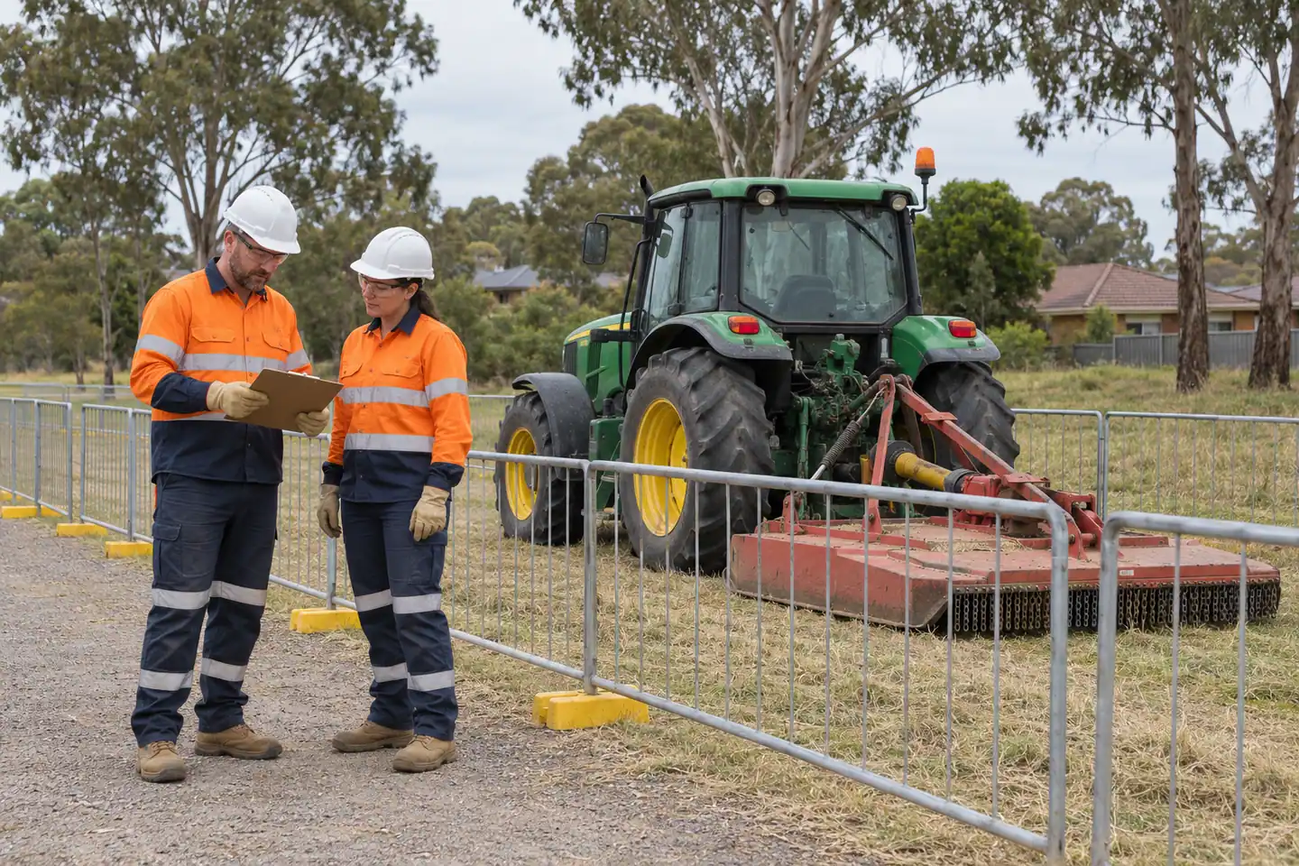 A plant operator plans tractor slashing at a paused work area.