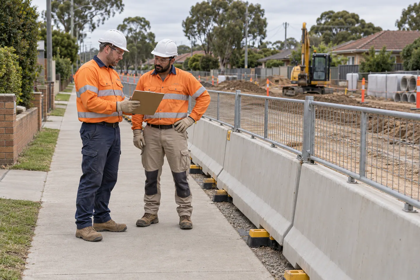 Two traffic supervisors plan work from a clear paved footpath beside a barrier.