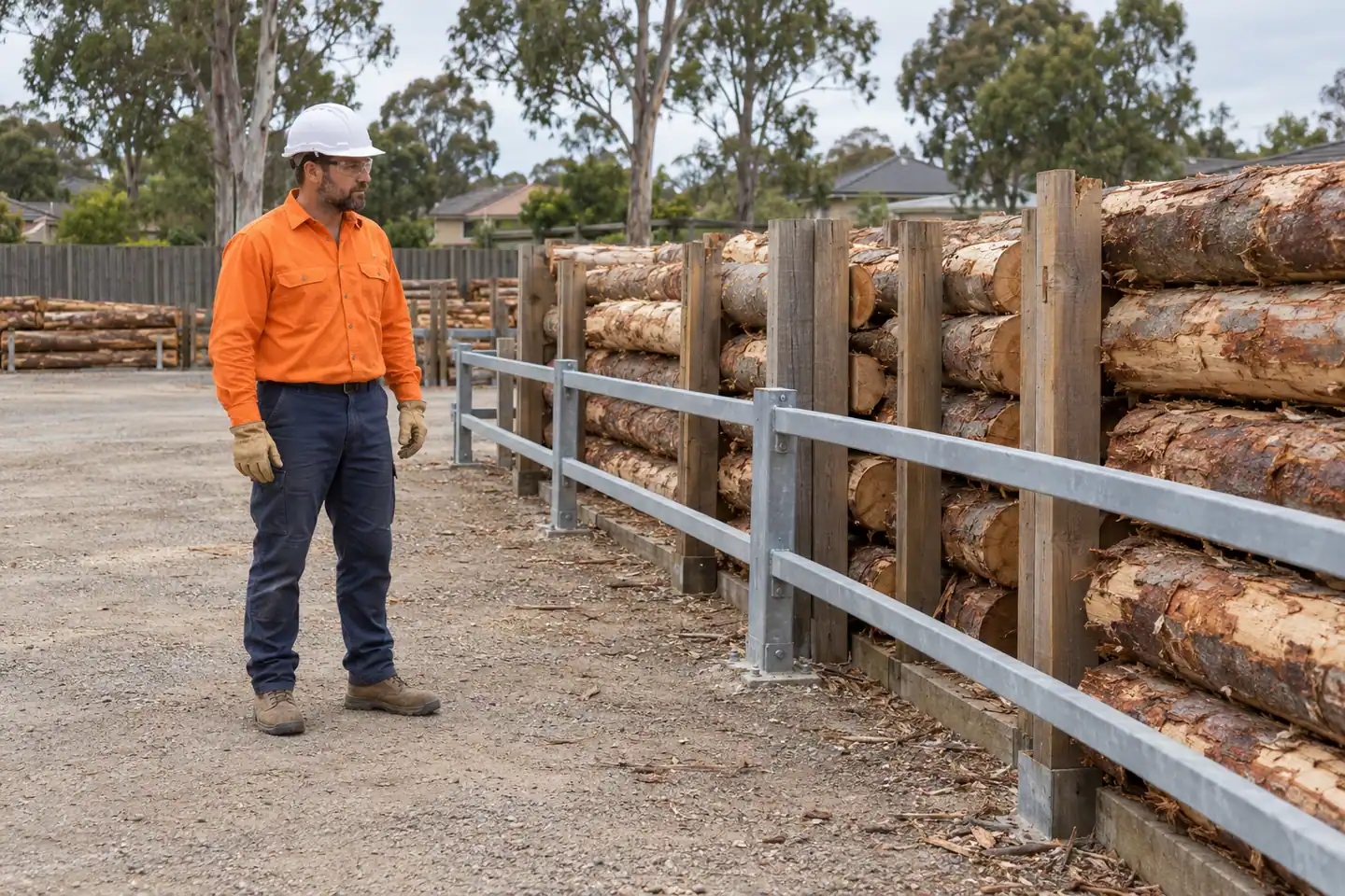 A forestry supervisor inspects a finished barriered timber-storage area.