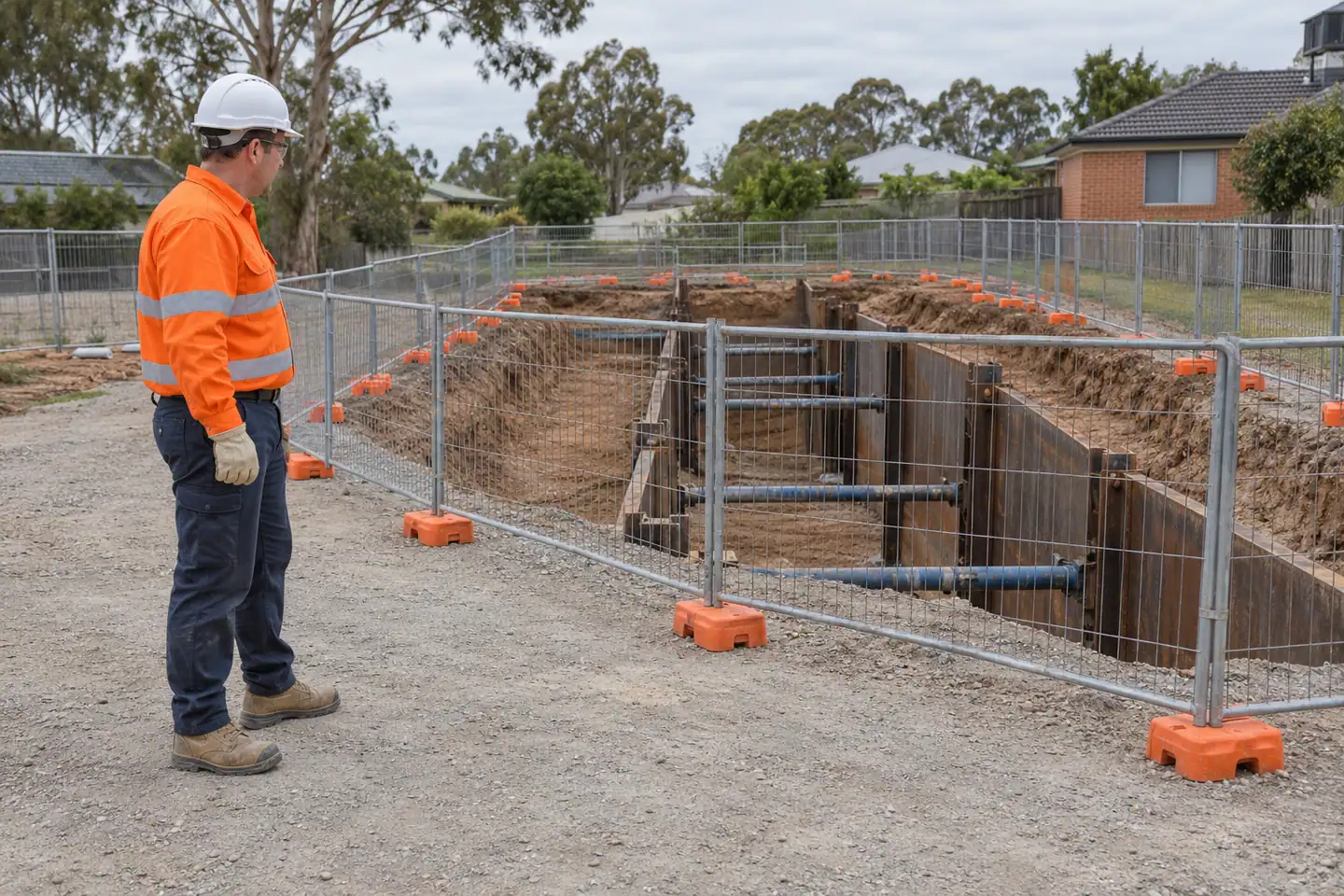 A worker stands outside fencing beside an inactive shored trench.