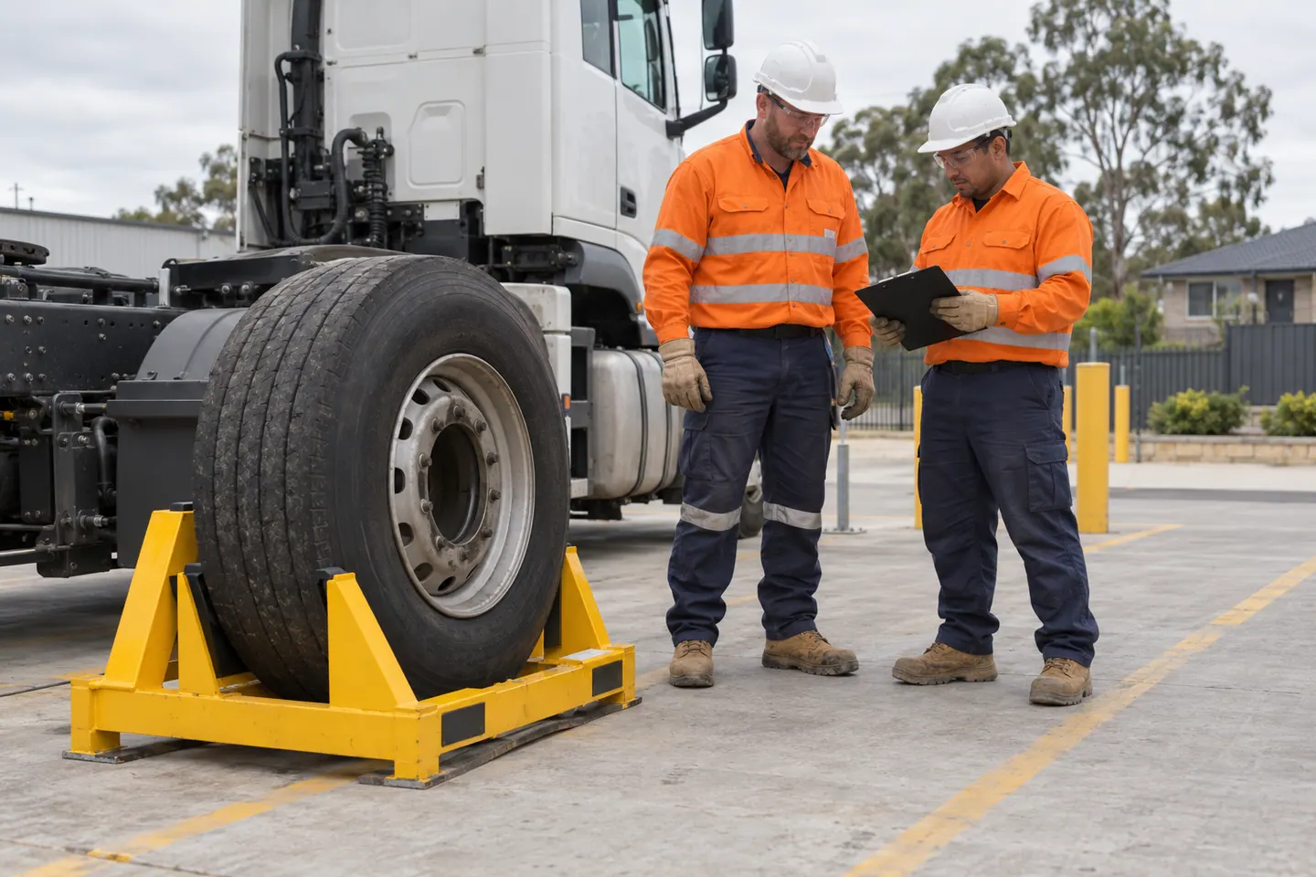 A heavy-vehicle mechanic plans tyre changing heavy vehicles at a paused work area.