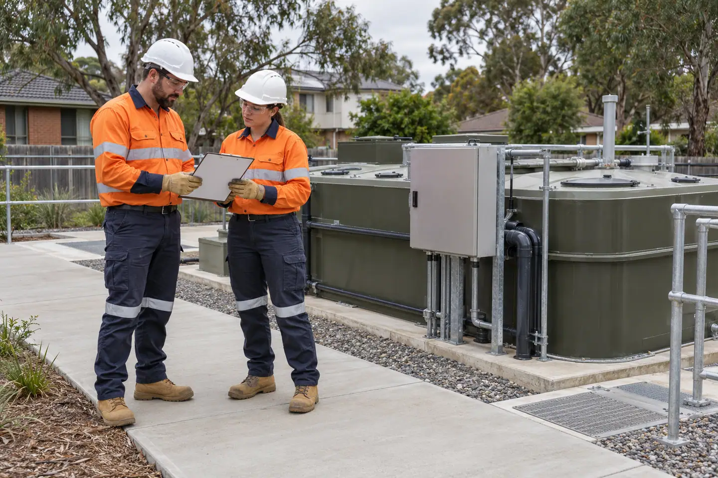 Two workers stand beside closed wastewater tanks and a control cabinet.