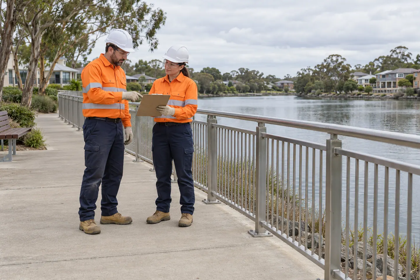 Two site supervisors review a clipboard on a protected waterfront path.