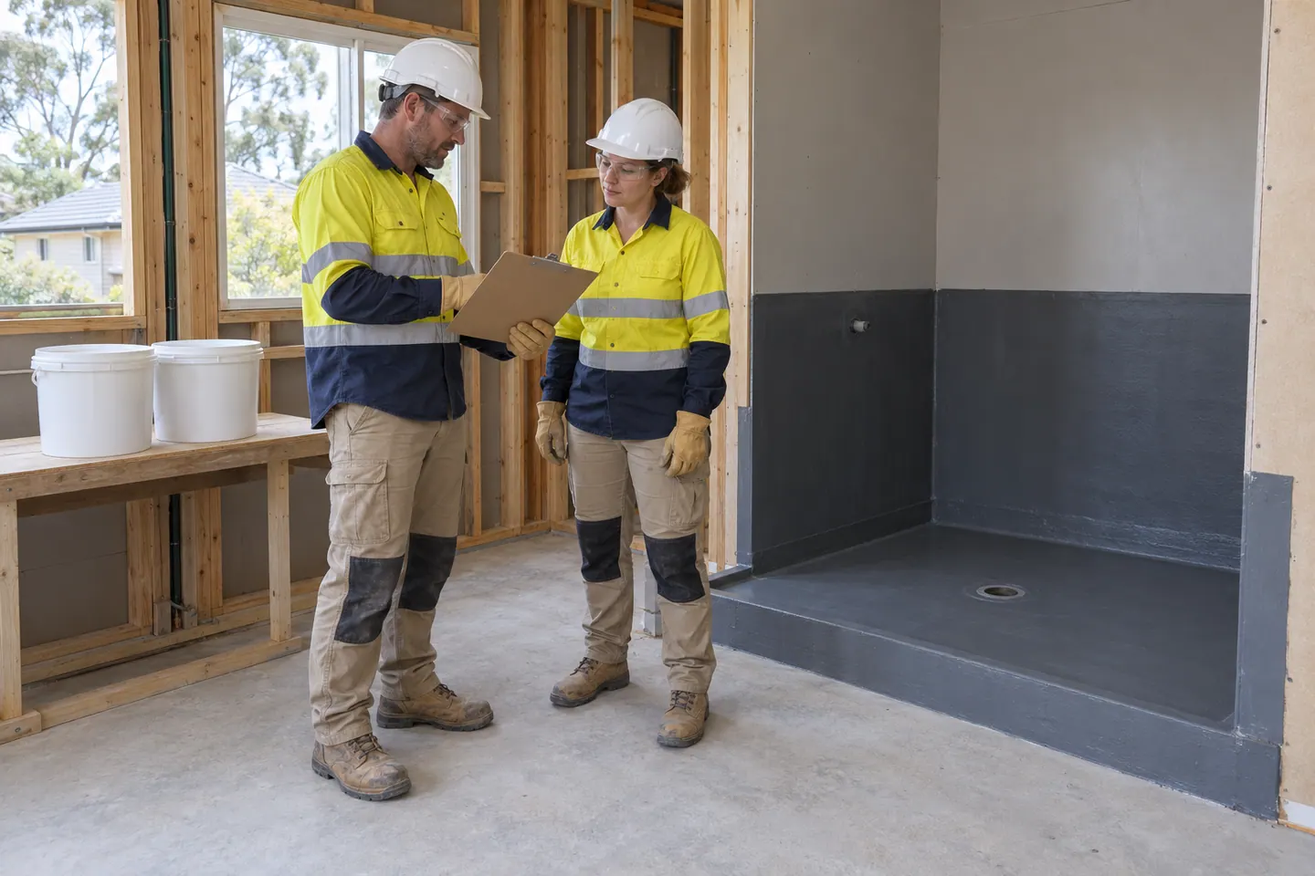 A waterproofing installer plans waterproofing at a paused work area.