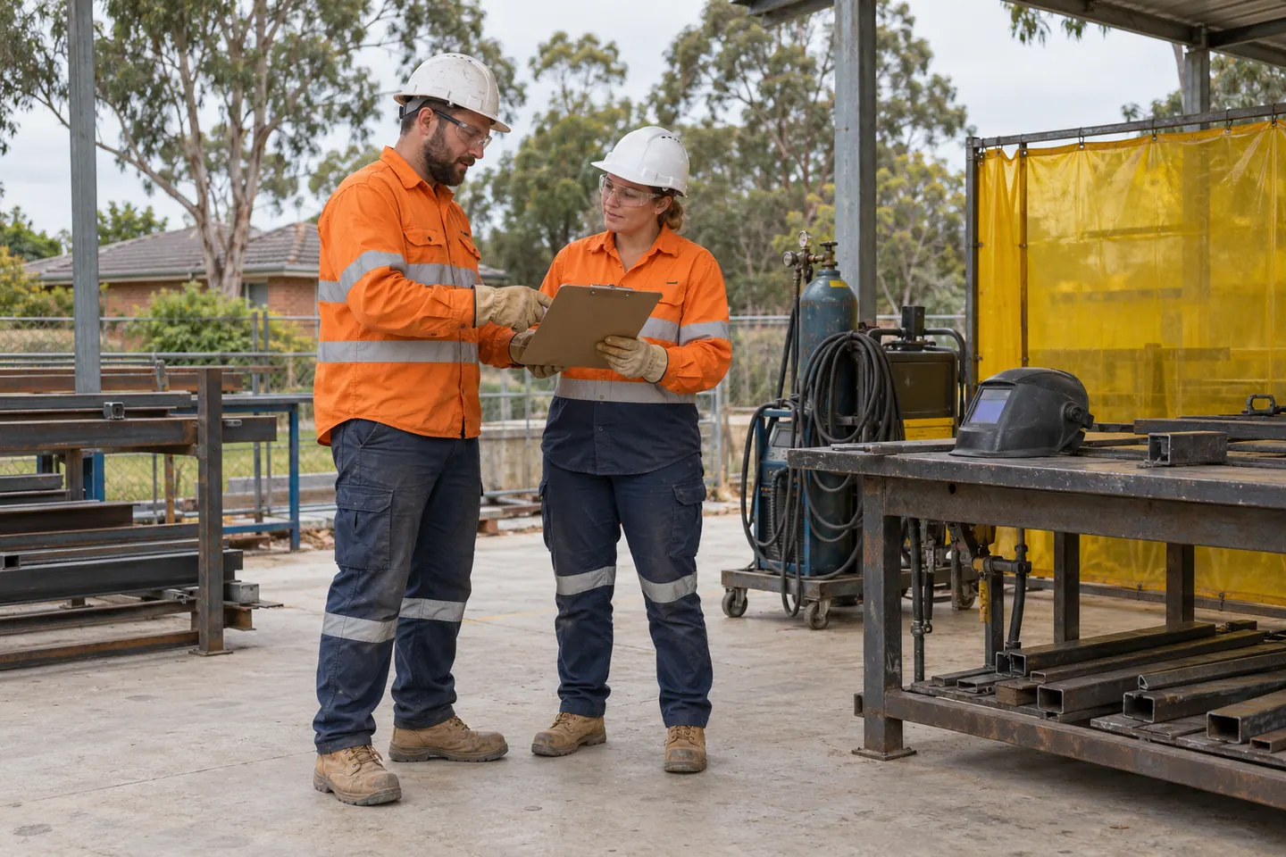 Two workers plan welding beside idle welding equipment.