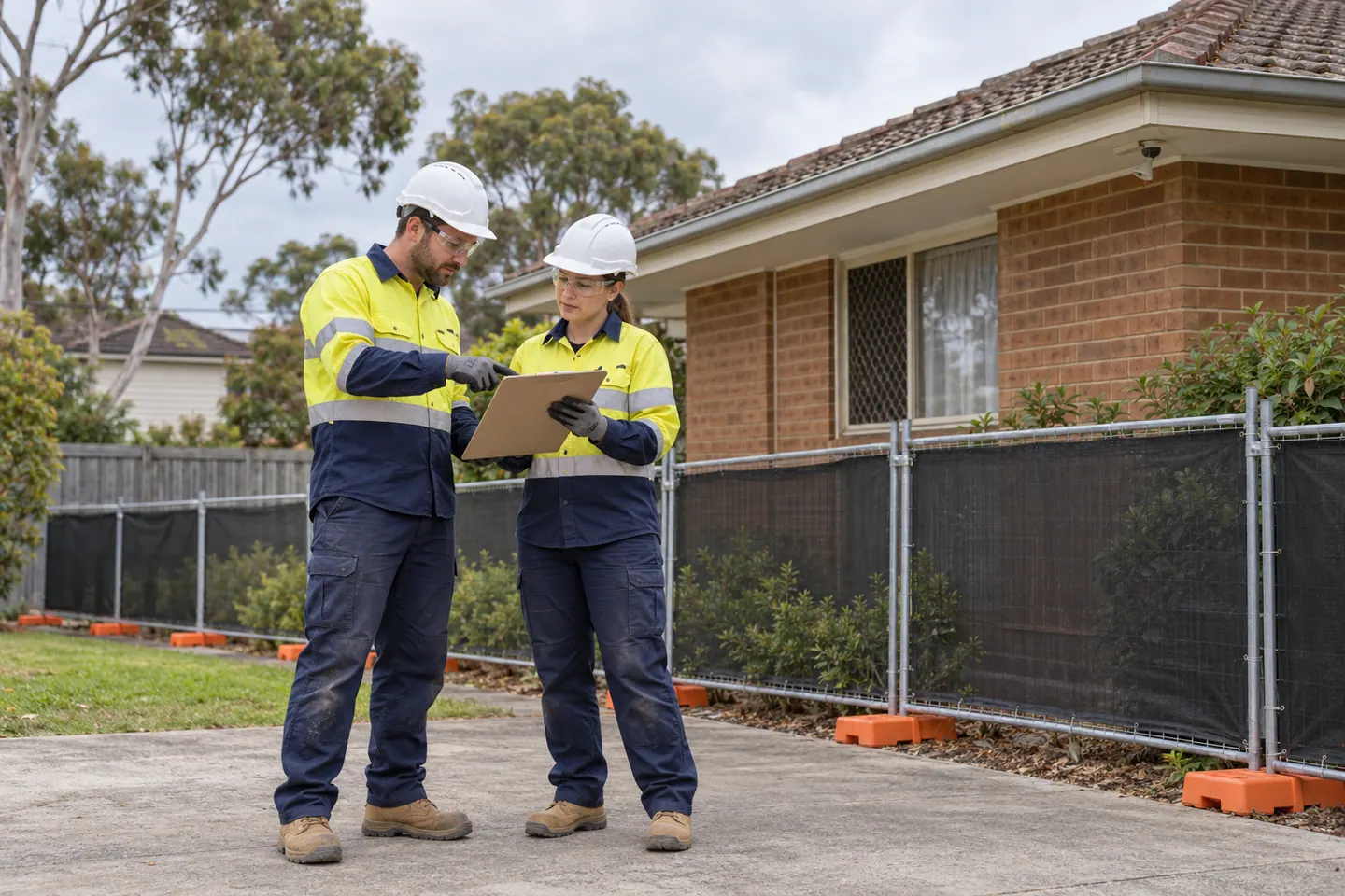 Two workers plan an asbestos survey outside a barriered older house without disturbing materials.