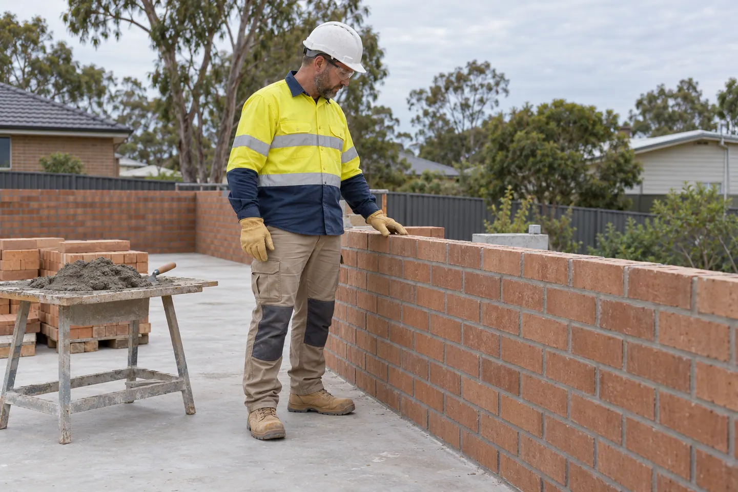 A bricklayer inspects a low brick wall from a clear level work area.