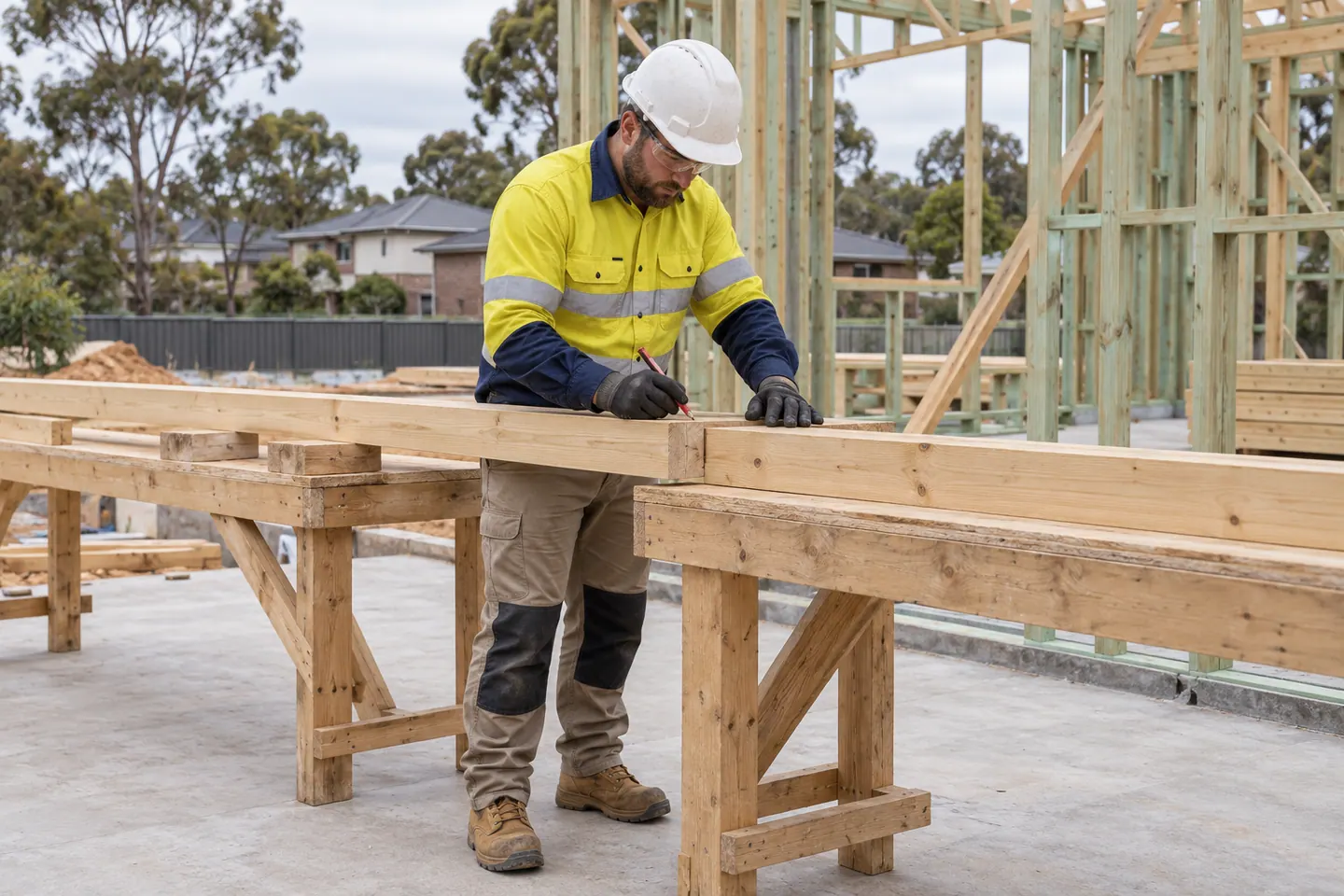 A carpenter checks a supported timber joint at a stable bench on a residential site.