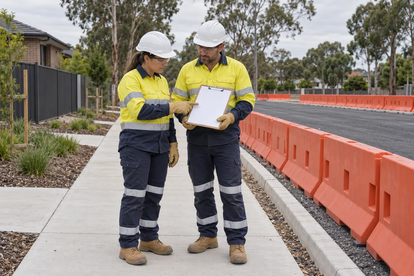 Two civil workers inspect finished kerbing from a separated pedestrian path.