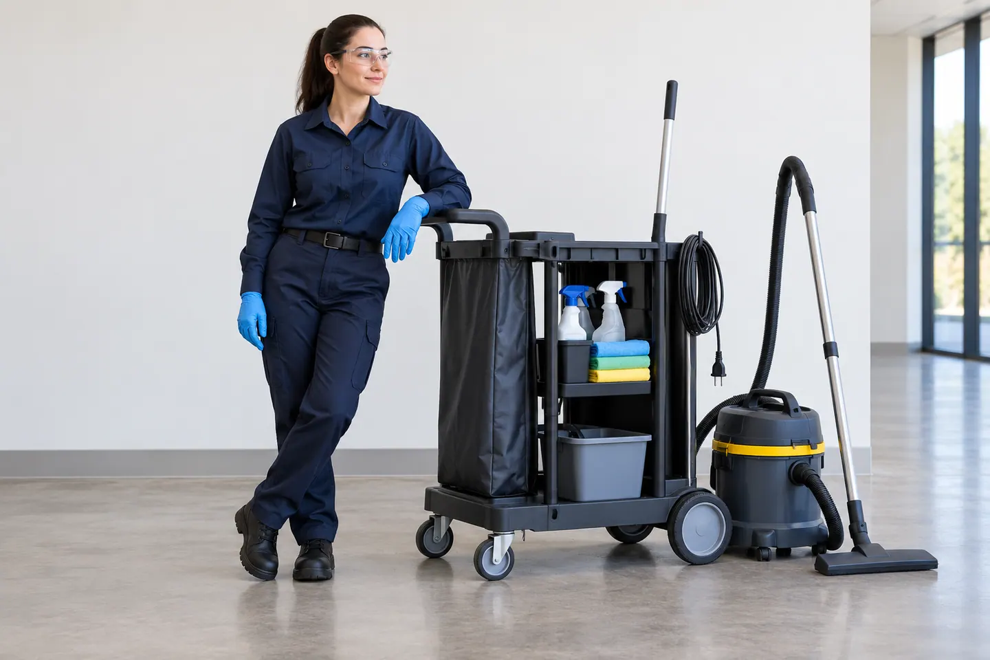 A cleaner stands beside a parked trolley and unplugged vacuum on a dry floor.