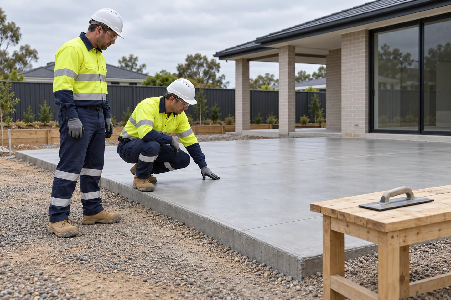 Two concreters inspect a hardened residential slab with the walkway kept clear.