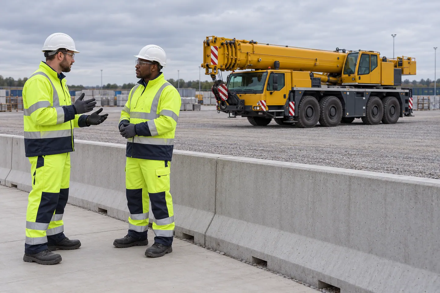 Lifting crew discuss a pre-start plan while a crane remains parked in an isolated yard.