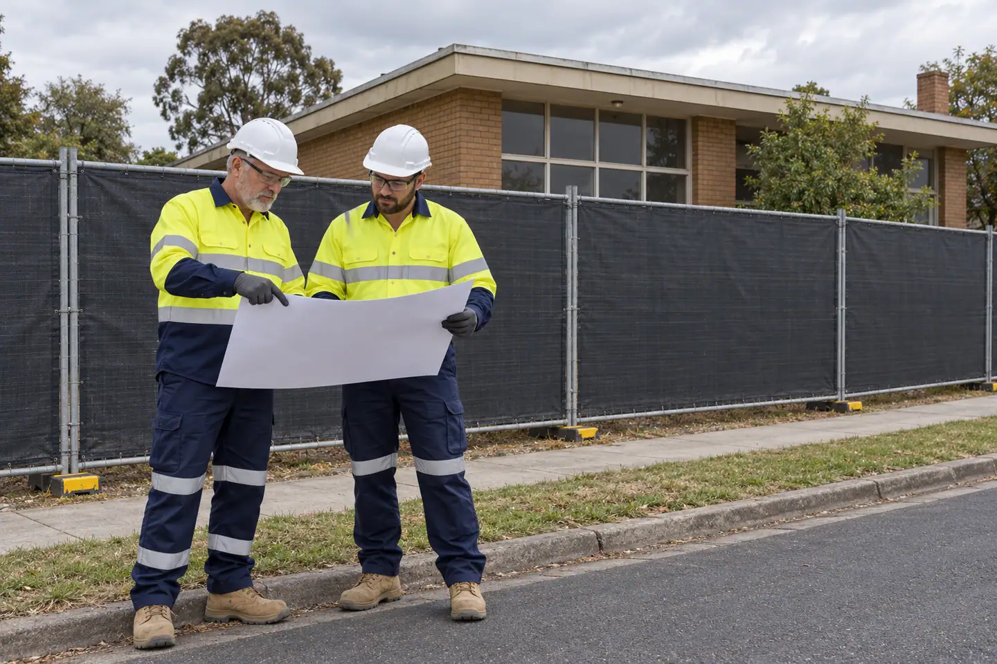 Two supervisors plan demolition outside a barriered intact building before work begins.