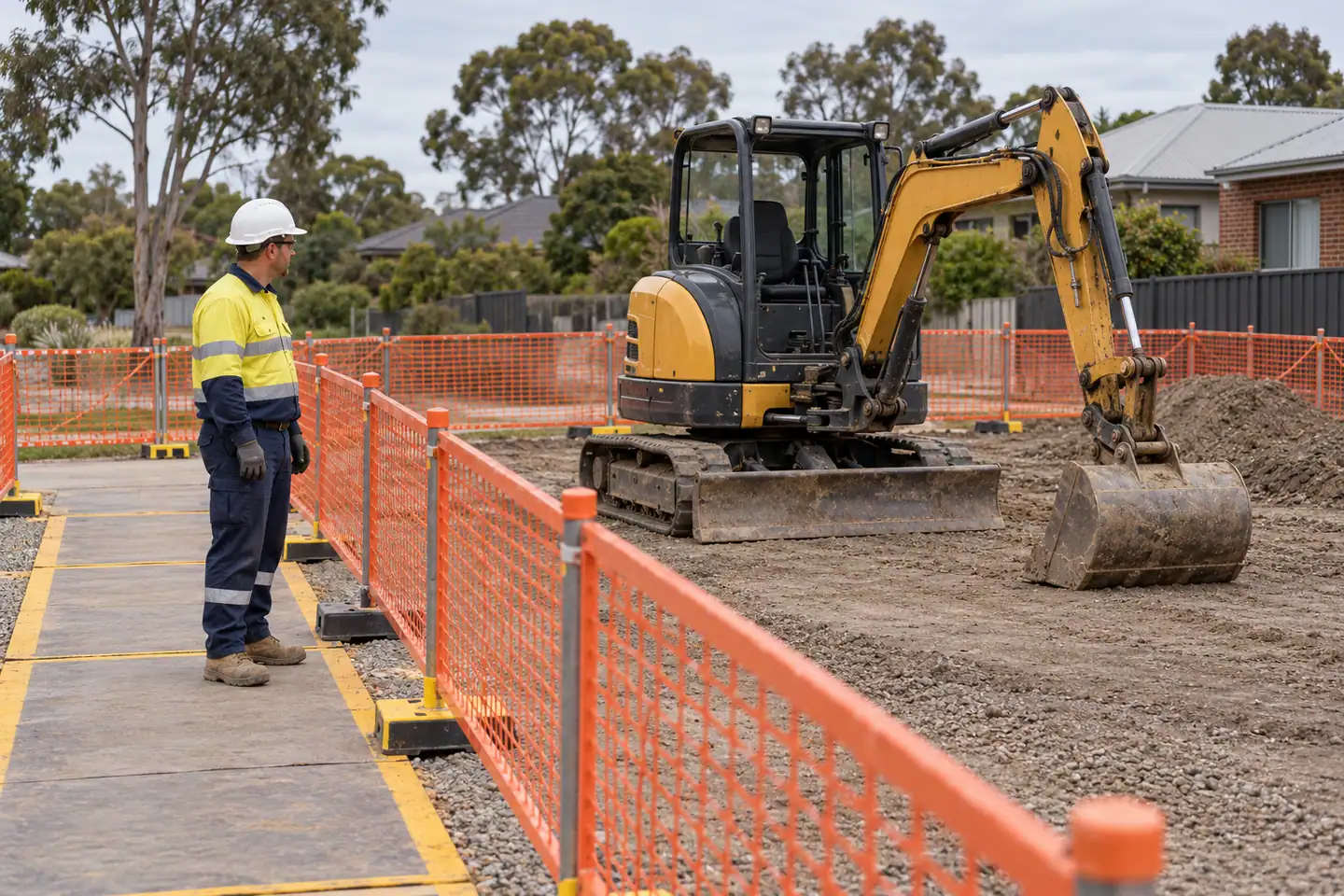 A plant operator plans work from a separated walkway beside a parked excavator.