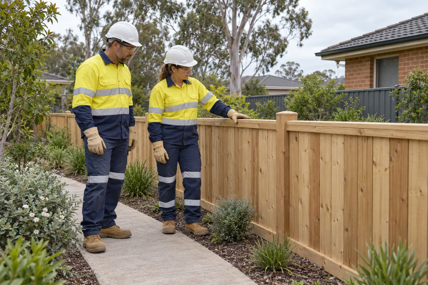 Two fencing workers inspect a finished timber fence from a clear garden path.
