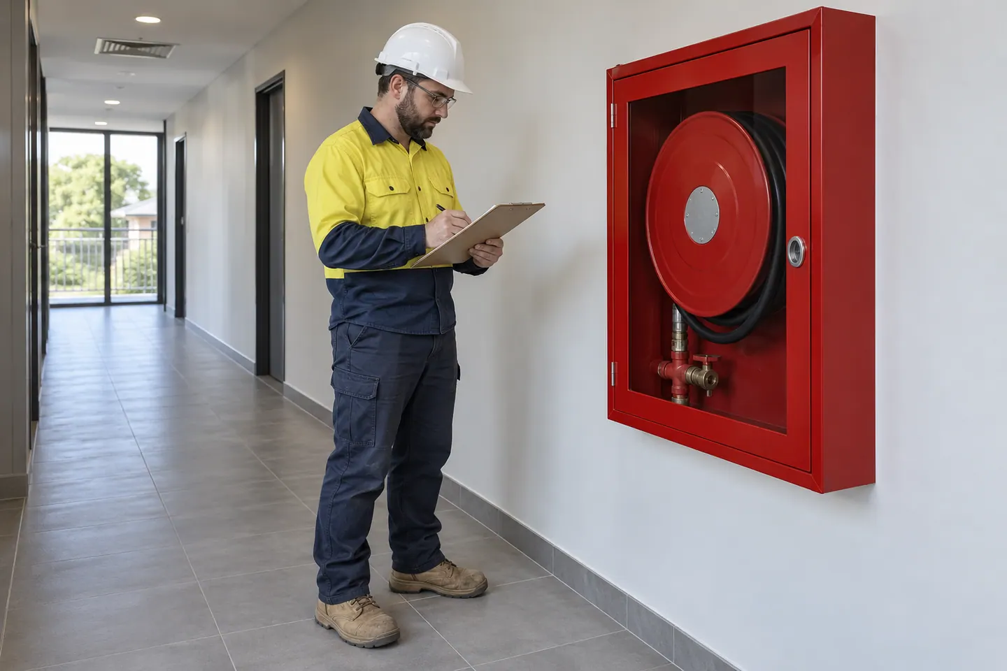 A fire-services technician reviews a plan beside a closed hose reel cabinet.