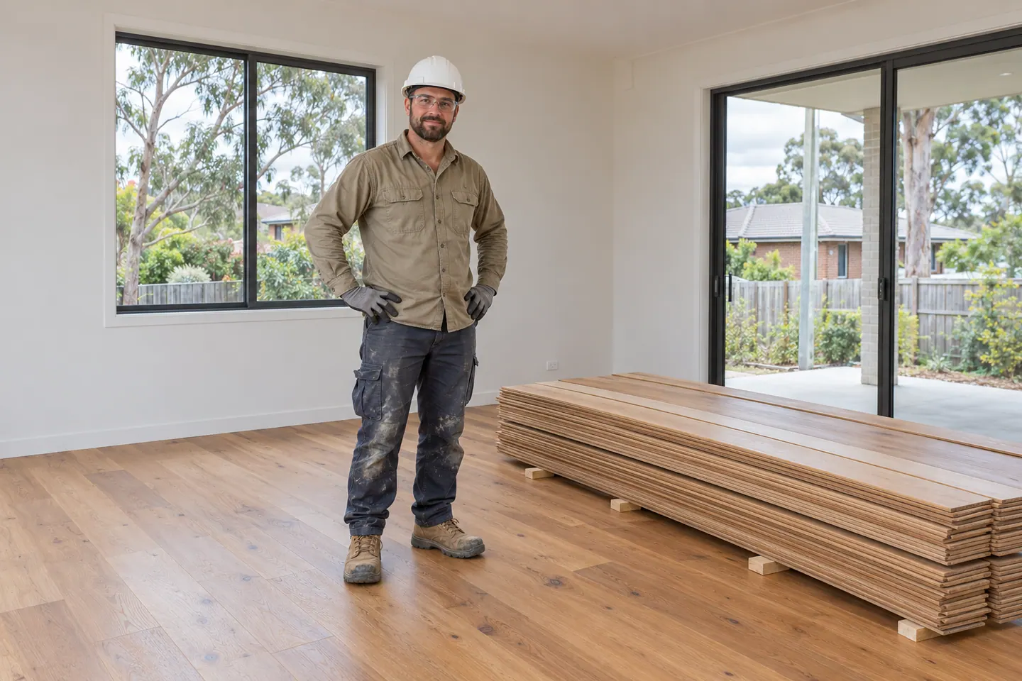 A flooring installer inspects completed timber flooring beside neatly supported planks.