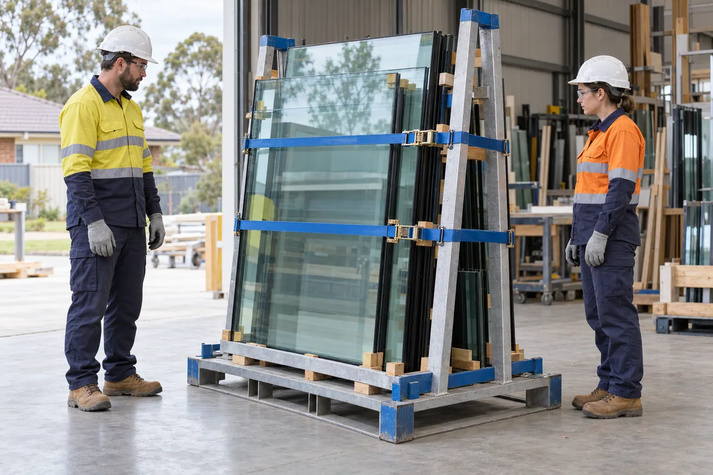 Two glaziers plan work beside glass secured on a stationary A-frame rack.