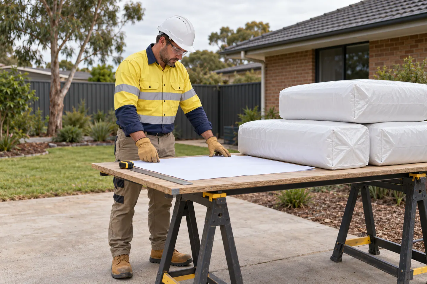 An insulation installer plans work beside sealed insulation packs at ground level.