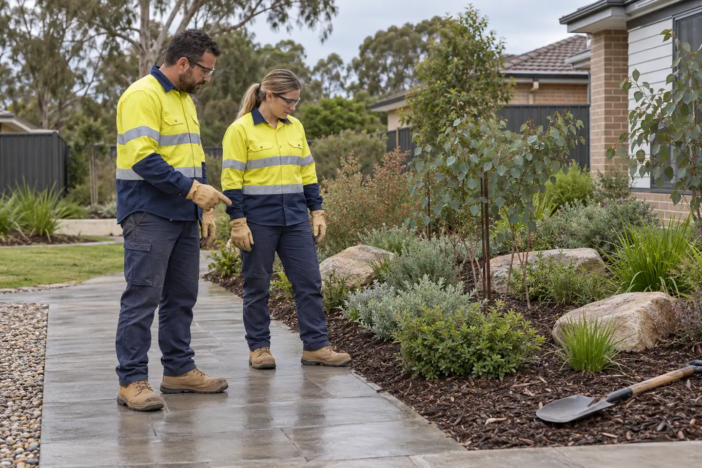 Two landscapers inspect a finished garden bed from a clear paved path.