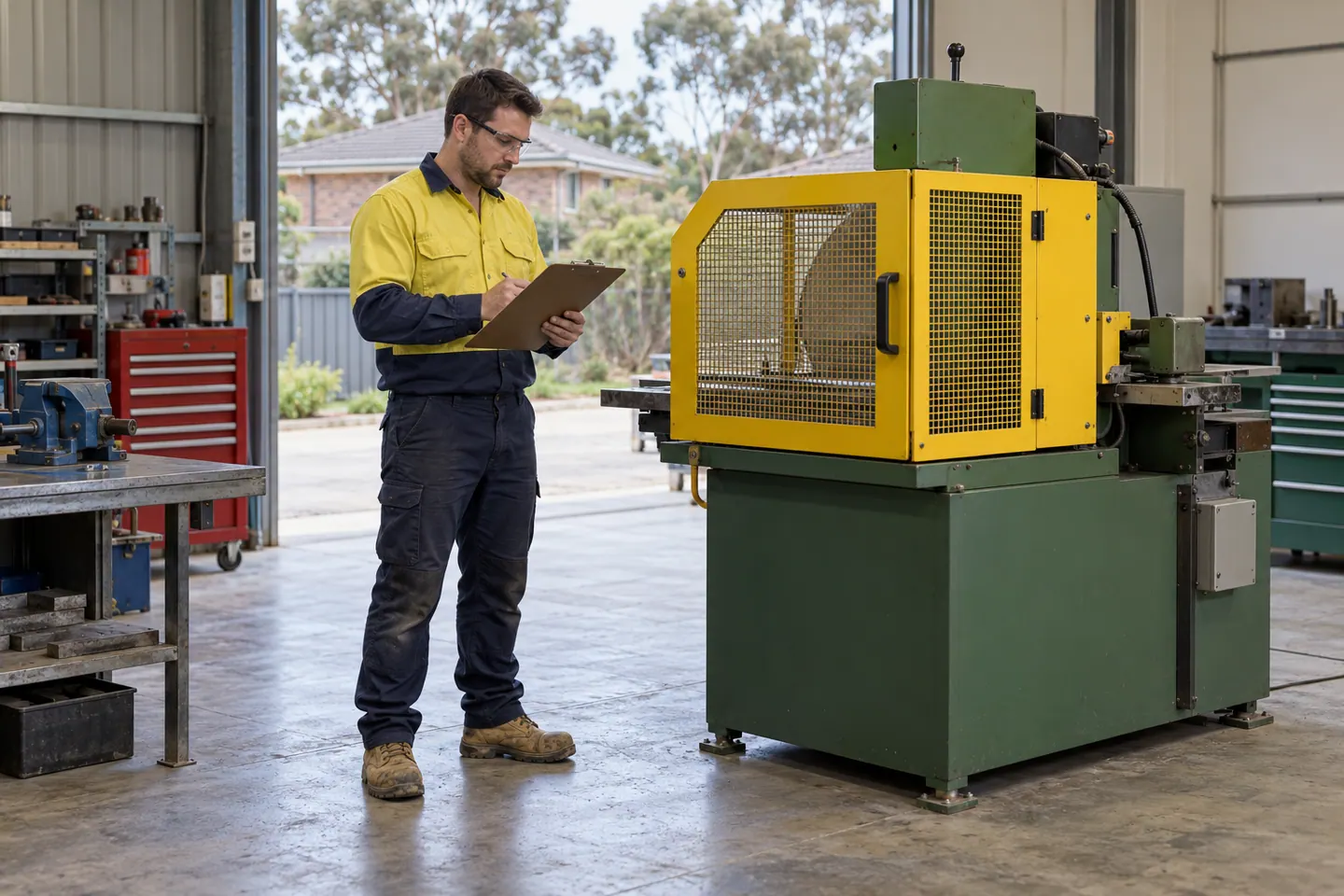 A mechanical technician plans a task beside a closed, stationary workshop machine.