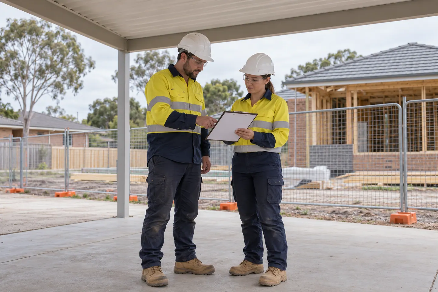 Two trade workers review a pre-start plan in a separated site area.