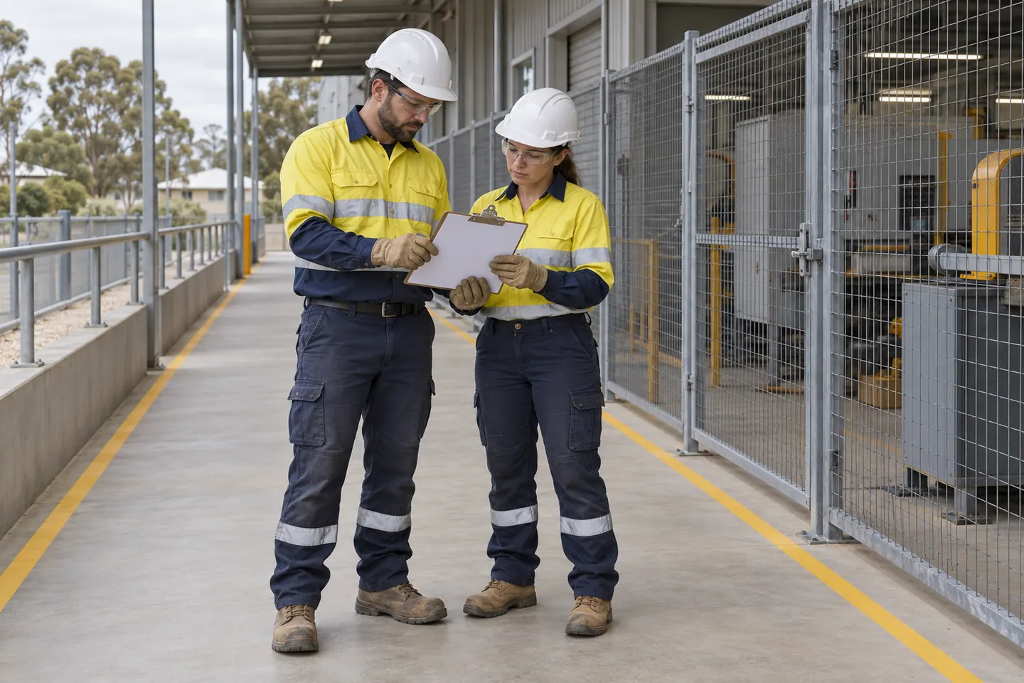 Two maintenance workers plan a task from a separated industrial walkway.