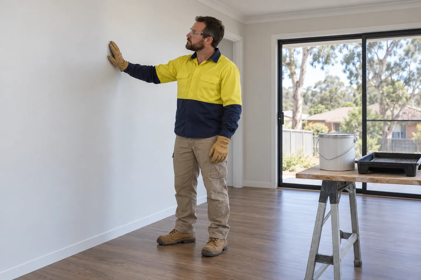 A painter inspects a finished wall beside closed paint supplies on a stable bench.