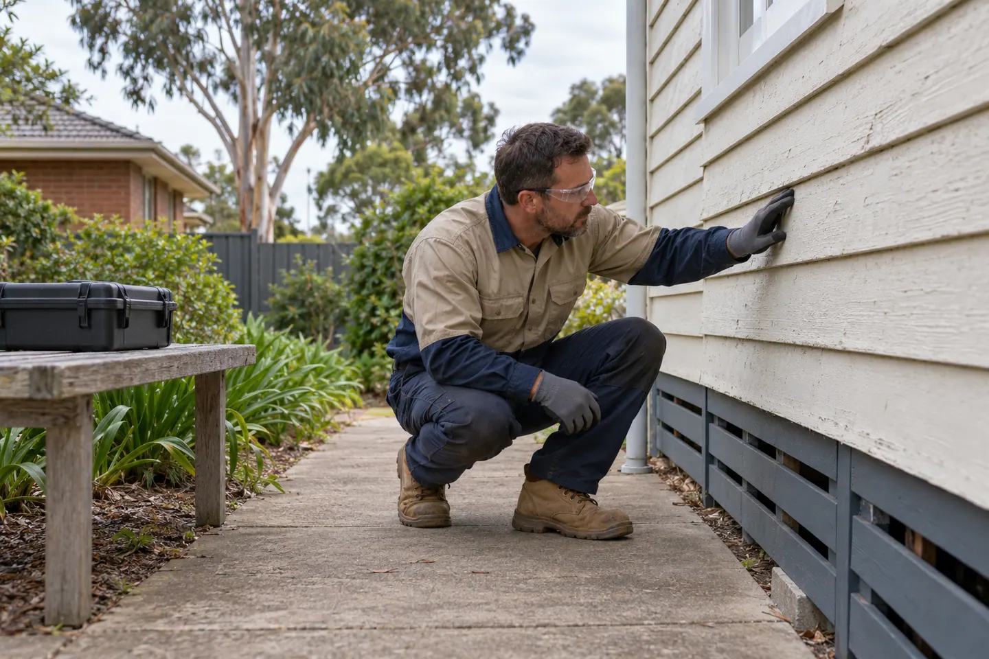 A pest inspector visually checks exterior timber from a clear path without applying chemicals.
