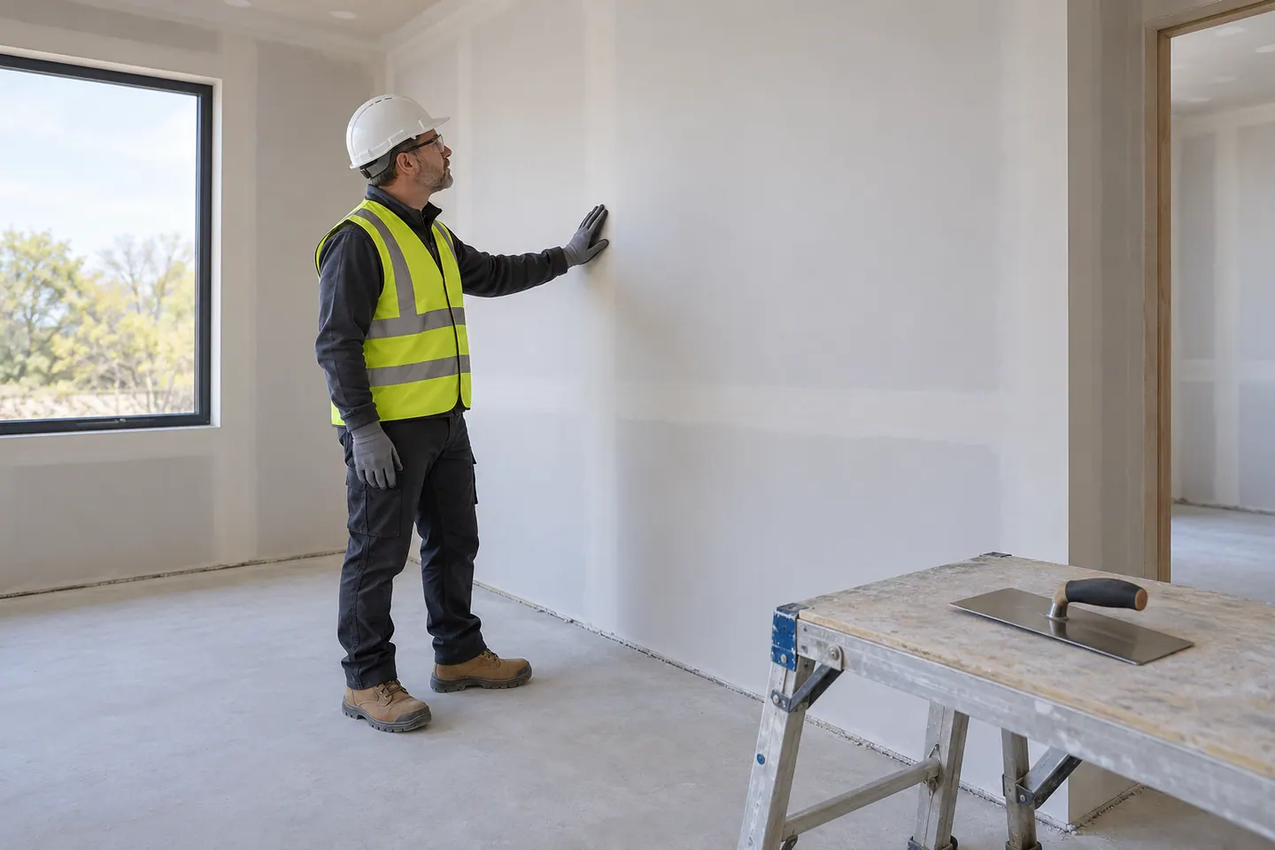 A plasterer inspects a finished wall from a clear level floor.