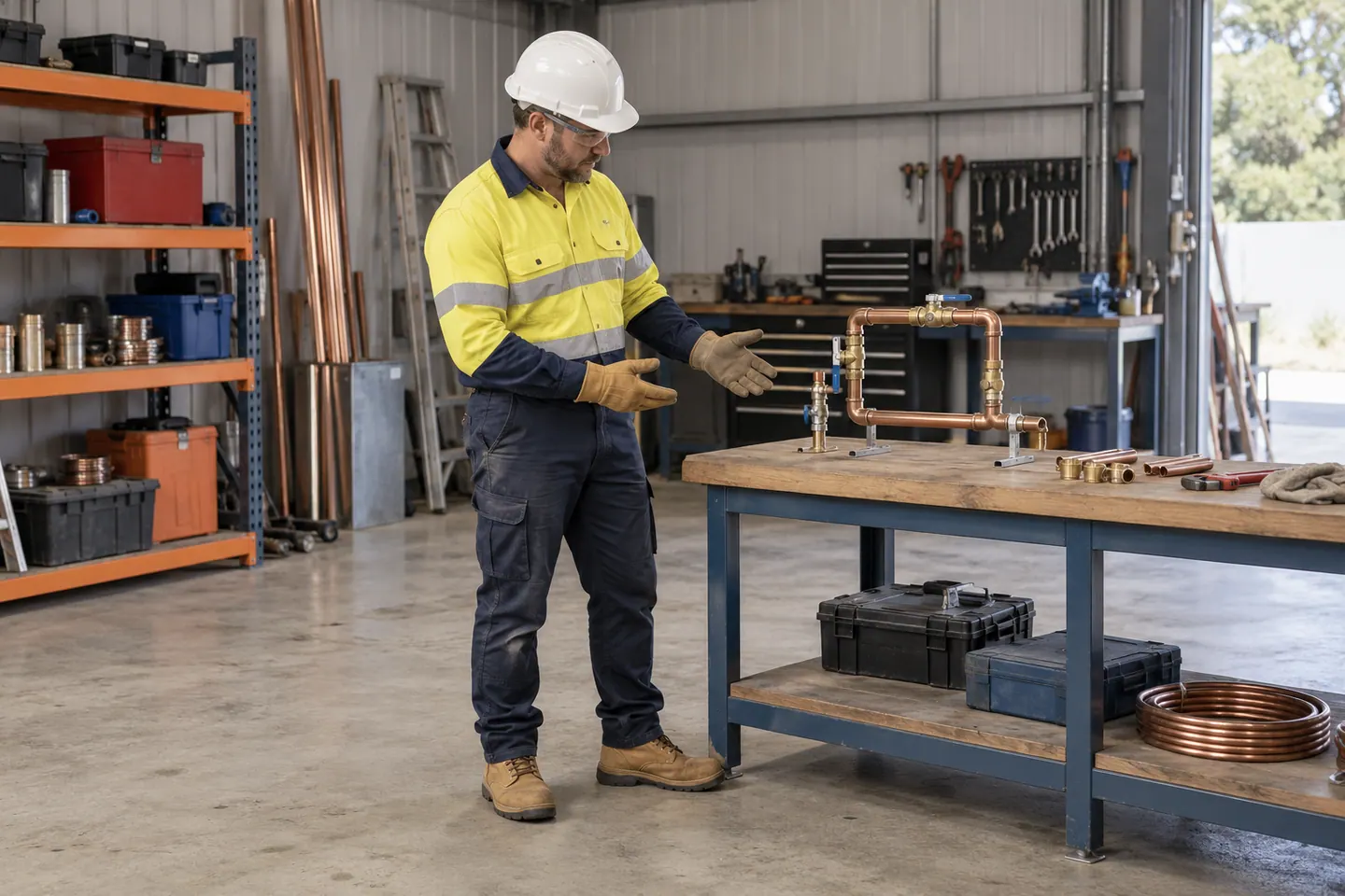 A plumber checks a disconnected copper pipe assembly on a stable bench.