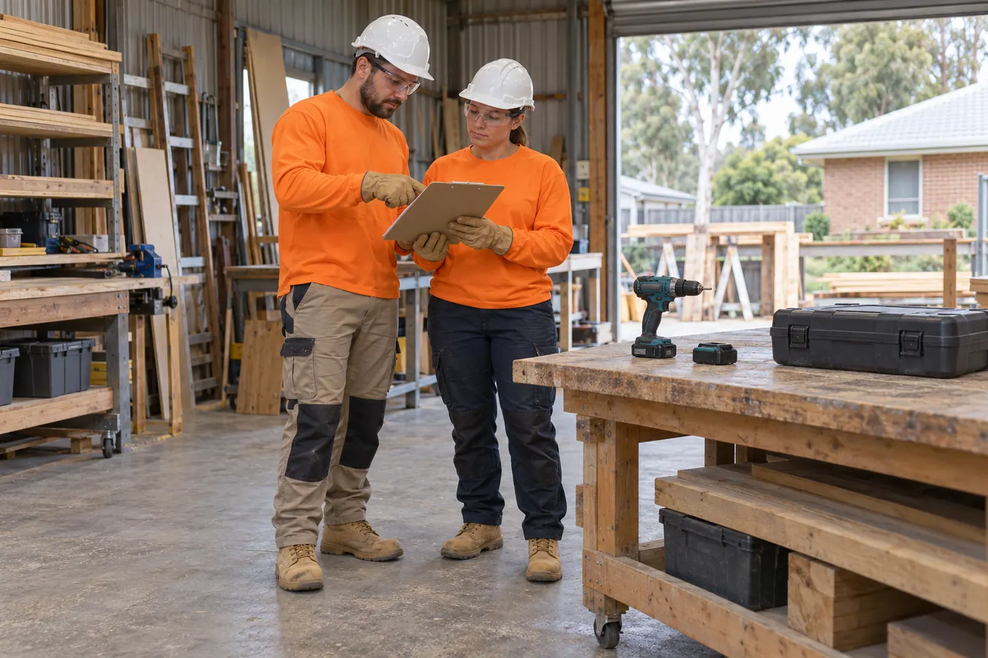 Two tradespeople plan work beside an idle cordless drill and a closed tool case.