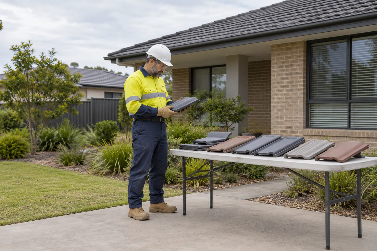 A roofer reviews roof-material samples at a ground-level bench beside a house.