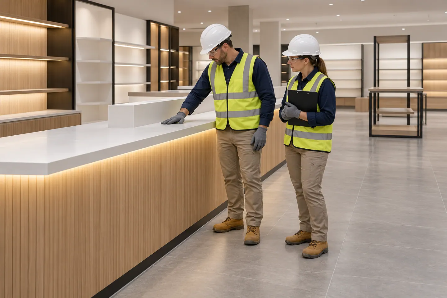 Two shopfitters inspect a completed counter from a clear level floor.