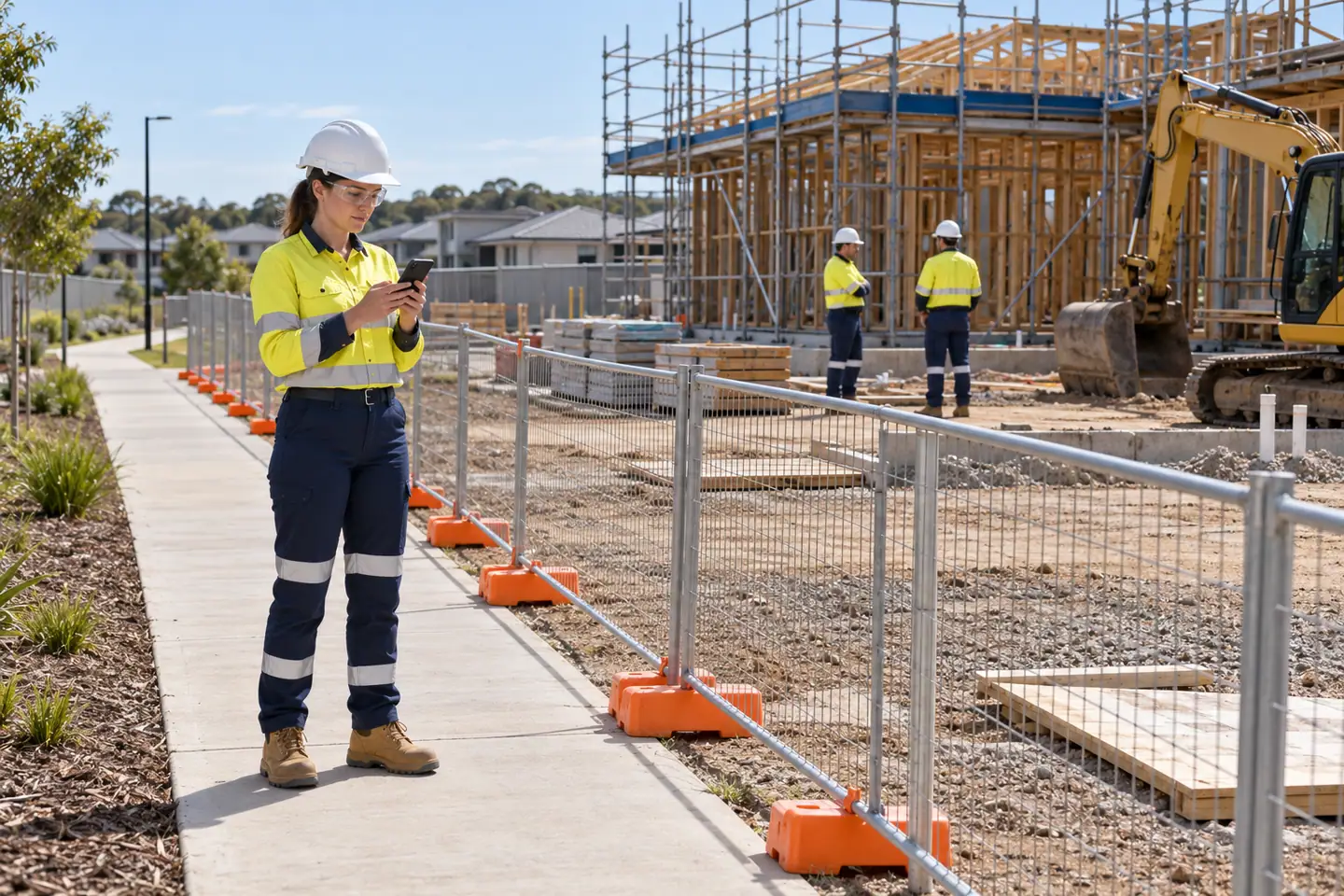 A supervisor checks a phone while stationary on a separated site walkway.